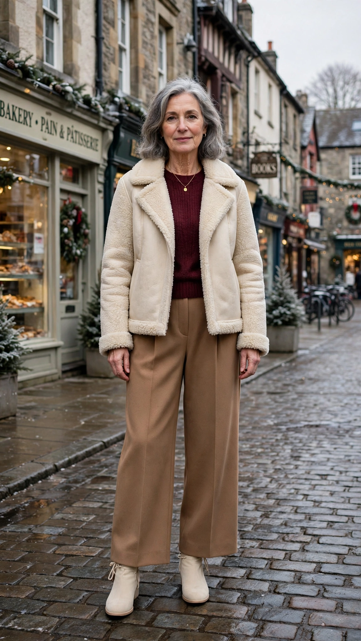 38 Women over 60 shearling jacket outfits with wide leg trousers for winter That Are Chic, Warm and Elegant - idea 5
