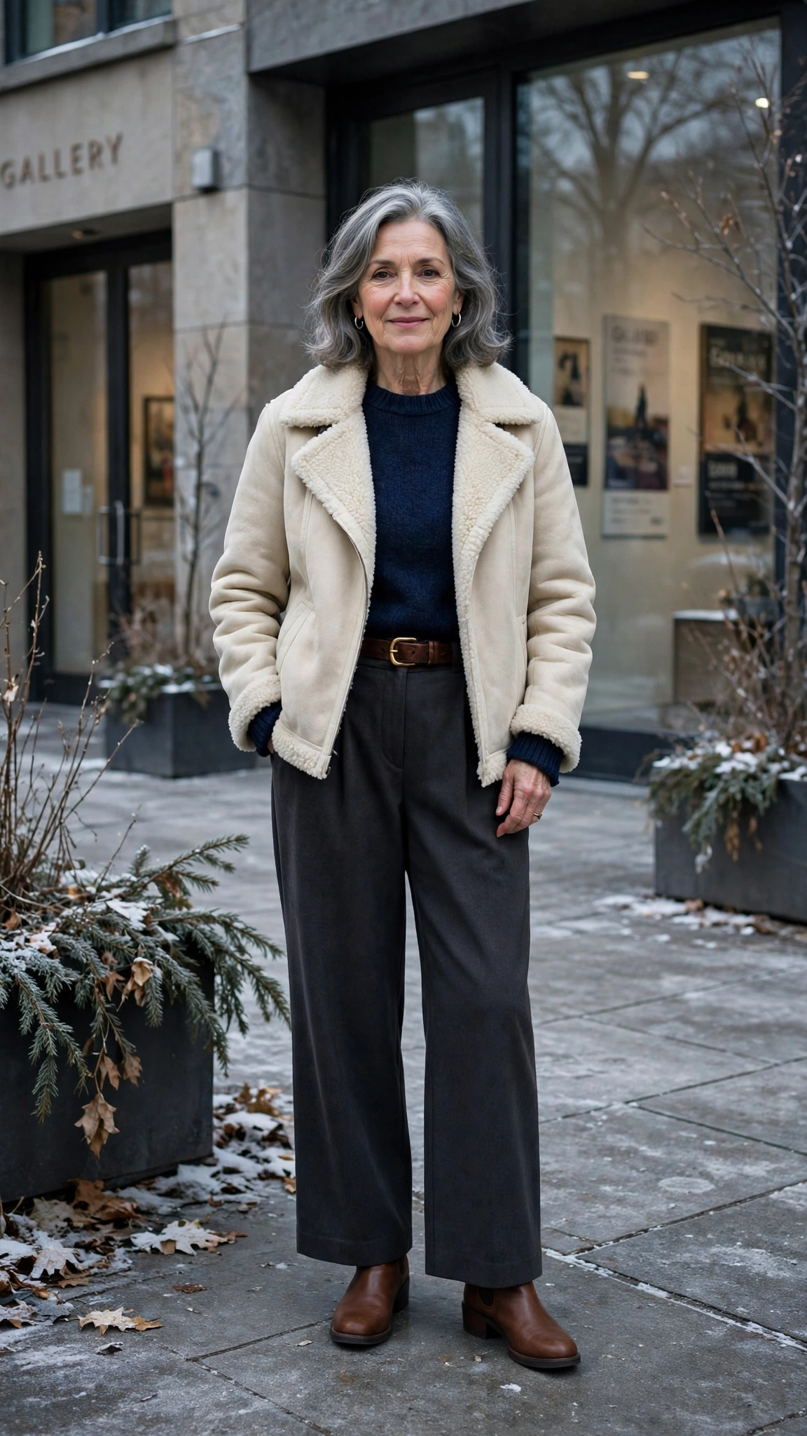 38 Women over 60 shearling jacket outfits with wide leg trousers for winter That Are Chic, Warm and Elegant - idea 6