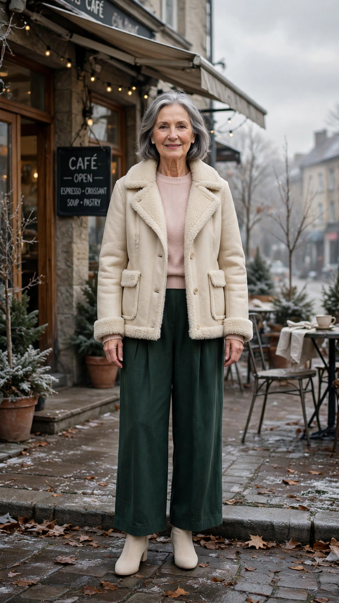 38 Women over 60 shearling jacket outfits with wide leg trousers for winter That Are Chic, Warm and Elegant - idea 8