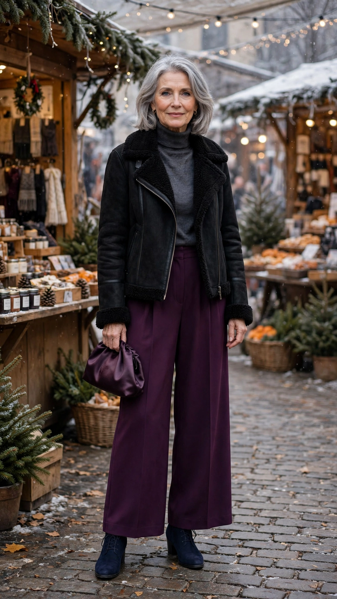38 Women over 60 shearling jacket outfits with wide leg trousers for winter That Are Chic, Warm and Elegant - idea 9