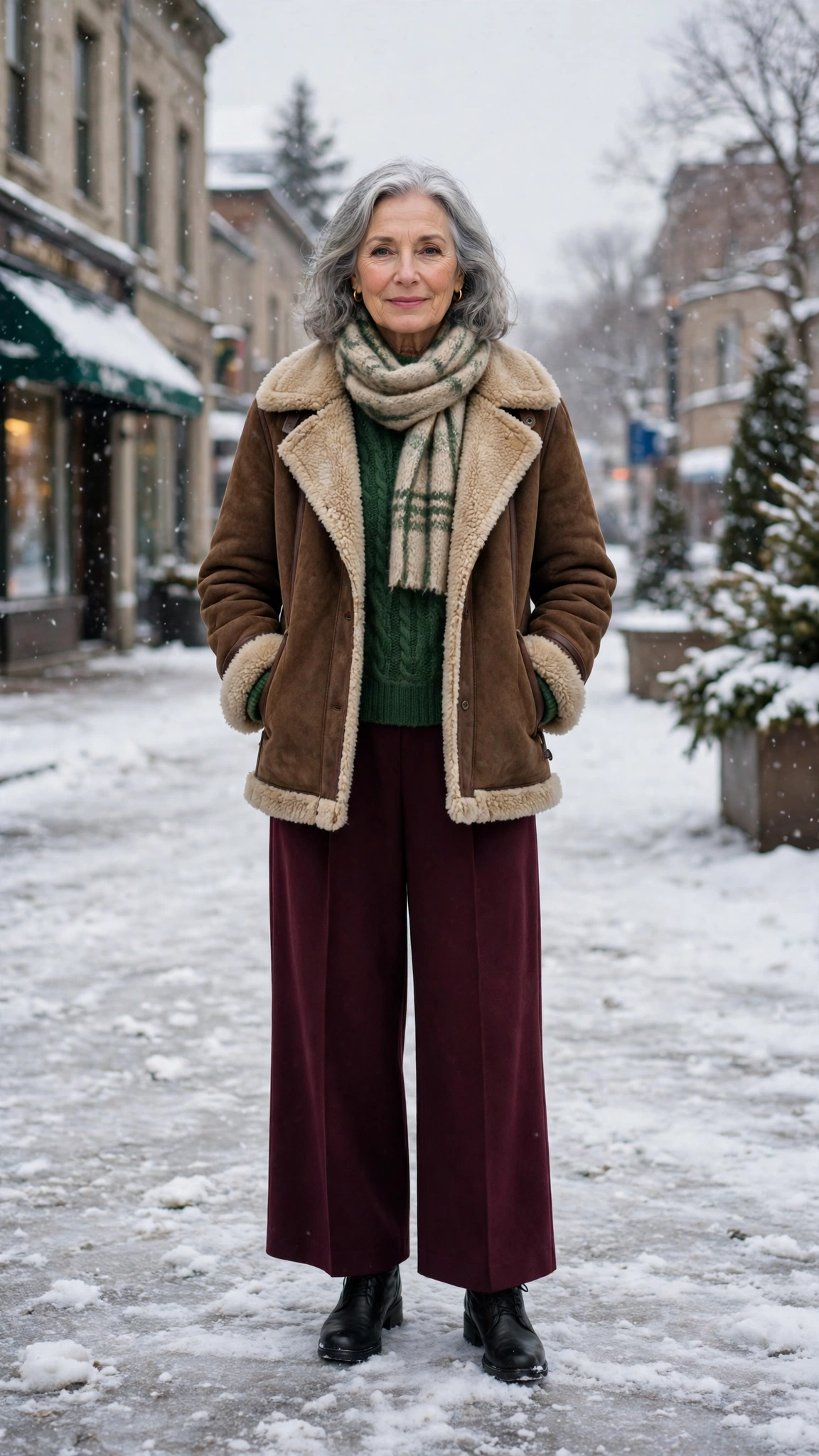 38 Women over 60 shearling jacket outfits with wide leg trousers for winter That Are Chic, Warm and Elegant - idea 10