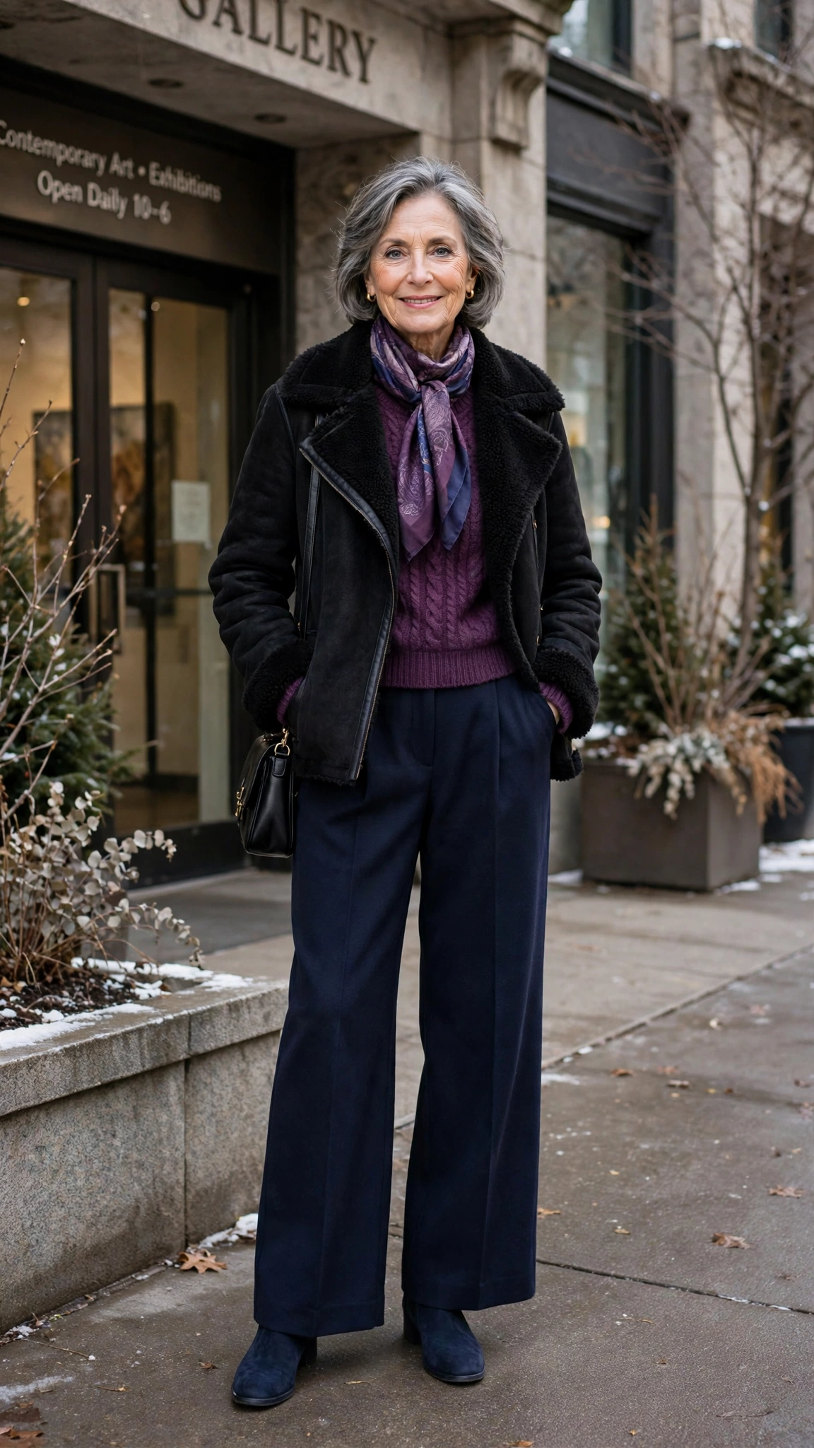 38 Women over 60 shearling jacket outfits with wide leg trousers for winter That Are Chic, Warm and Elegant - idea 12