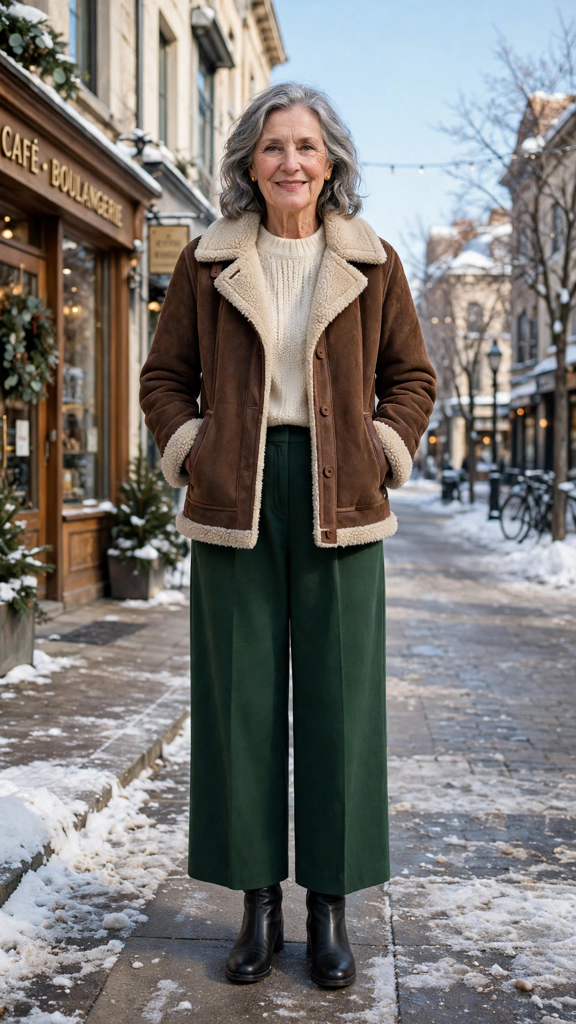 38 Women over 60 shearling jacket outfits with wide leg trousers for winter That Are Chic, Warm and Elegant - idea 13