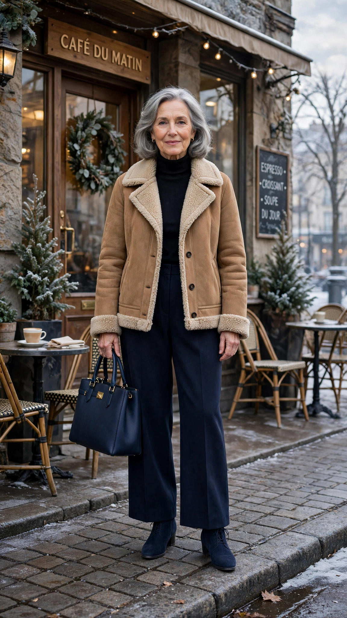 38 Women over 60 shearling jacket outfits with wide leg trousers for winter That Are Chic, Warm and Elegant - idea 14