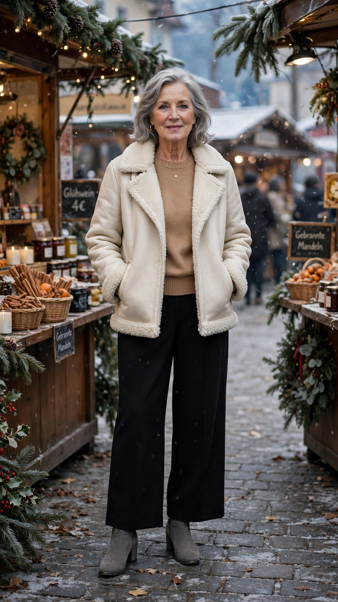38 Women over 60 shearling jacket outfits with wide leg trousers for winter That Are Chic, Warm and Elegant - idea 15