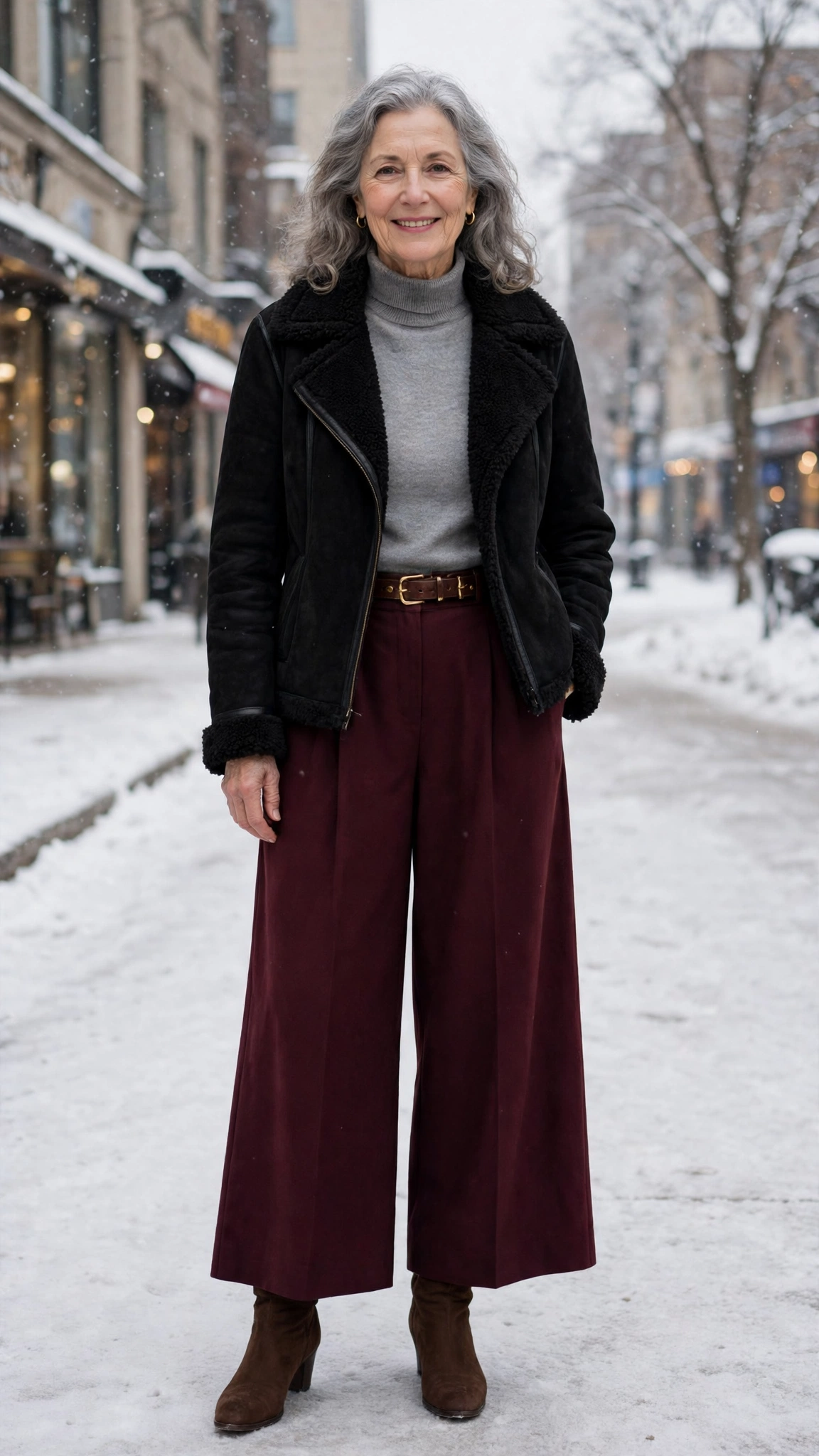 38 Women over 60 shearling jacket outfits with wide leg trousers for winter That Are Chic, Warm and Elegant - idea 16