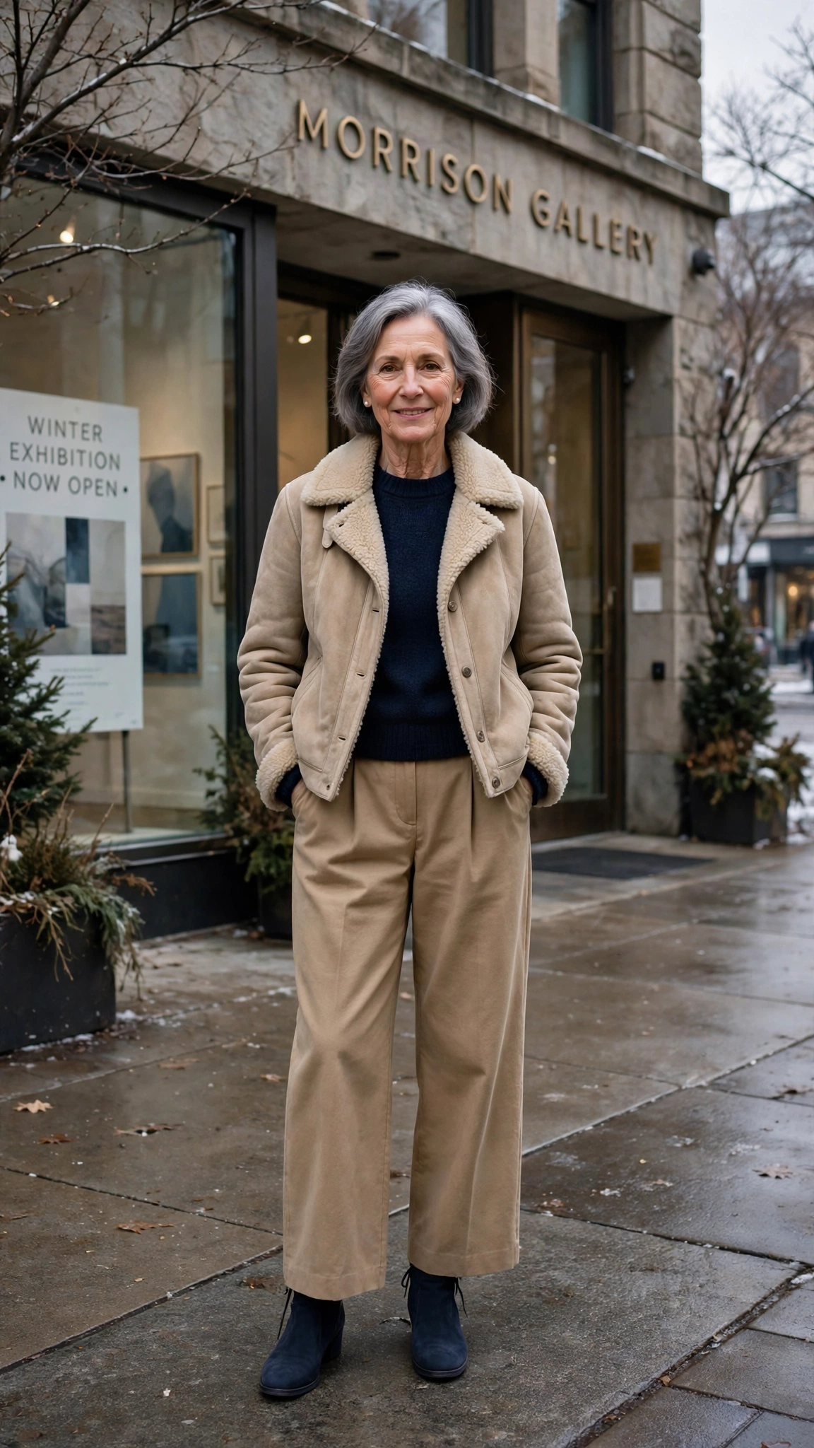38 Women over 60 shearling jacket outfits with wide leg trousers for winter That Are Chic, Warm and Elegant - idea 18
