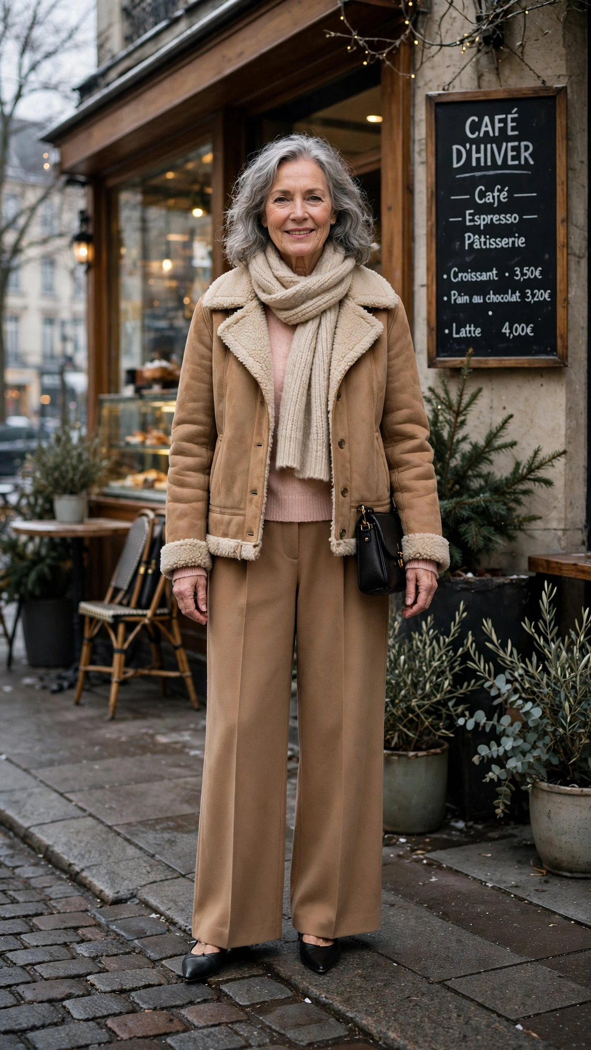 38 Women over 60 shearling jacket outfits with wide leg trousers for winter That Are Chic, Warm and Elegant - idea 20