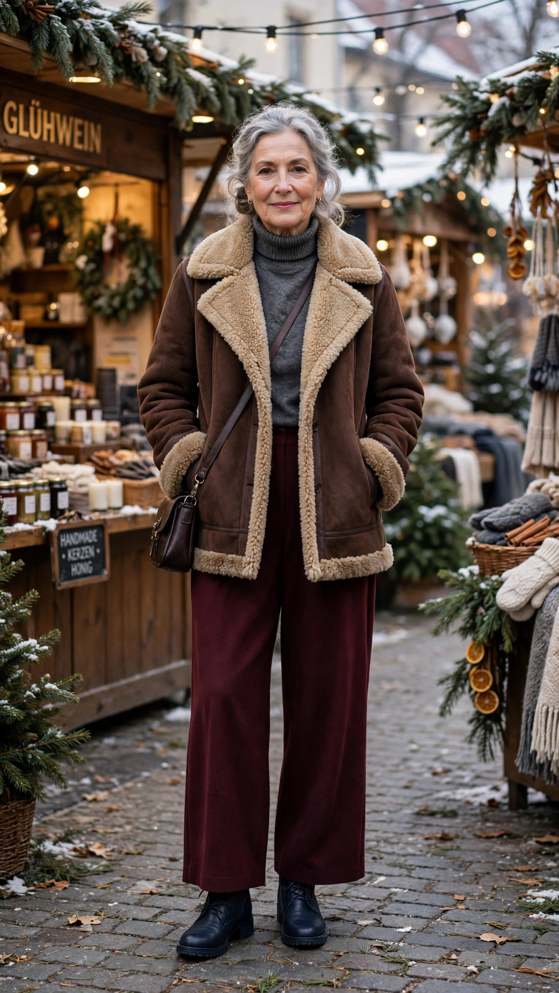 38 Women over 60 shearling jacket outfits with wide leg trousers for winter That Are Chic, Warm and Elegant - idea 21