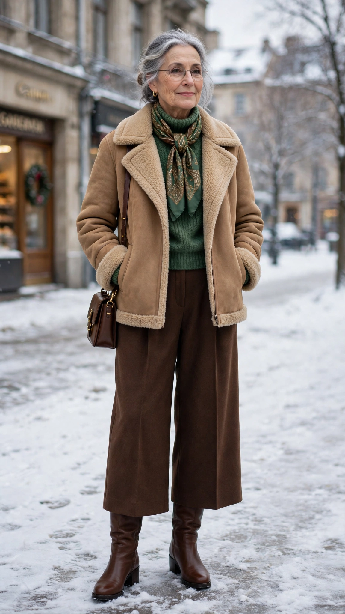 38 Women over 60 shearling jacket outfits with wide leg trousers for winter That Are Chic, Warm and Elegant - idea 22