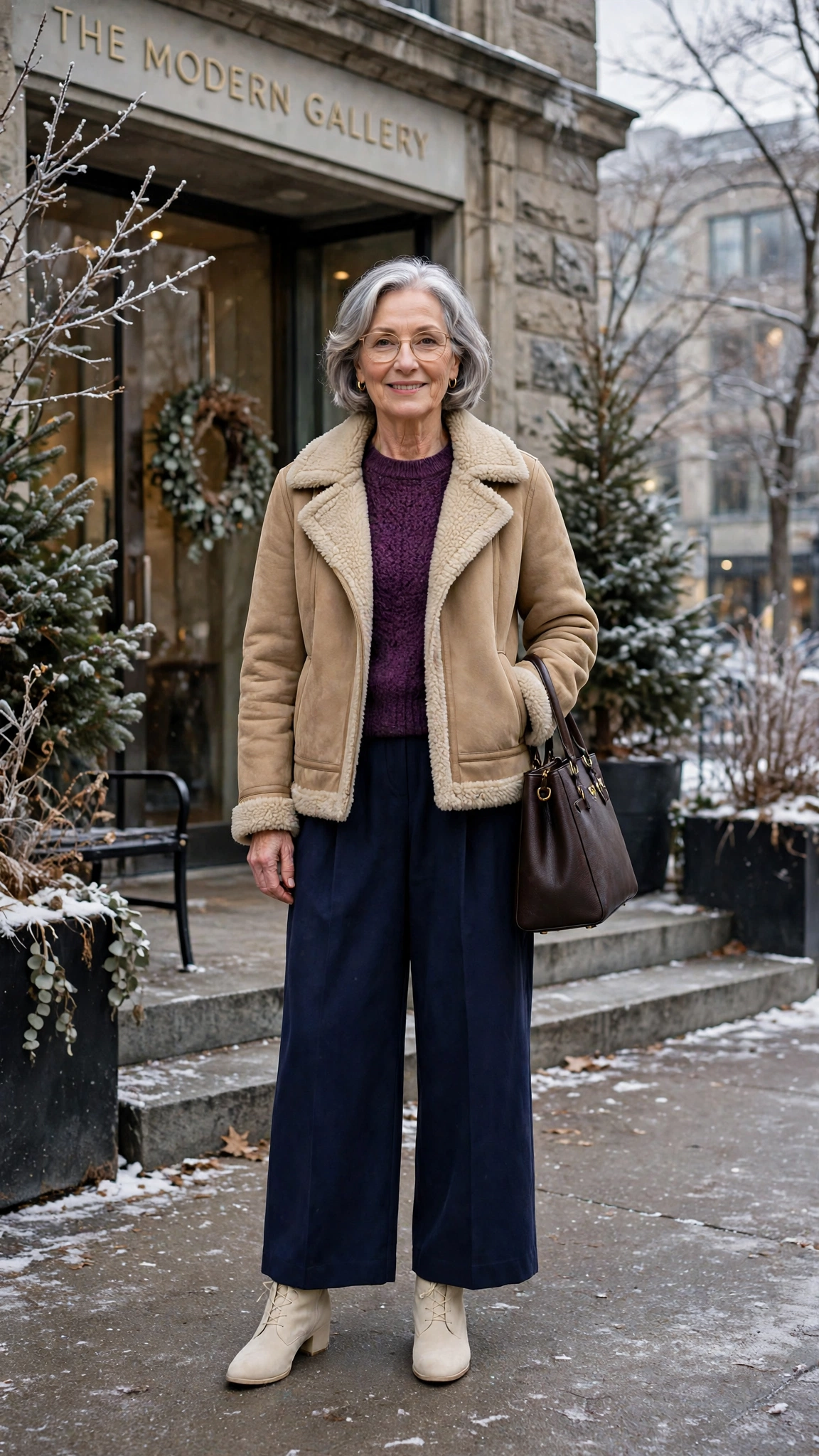 38 Women over 60 shearling jacket outfits with wide leg trousers for winter That Are Chic, Warm and Elegant - idea 24