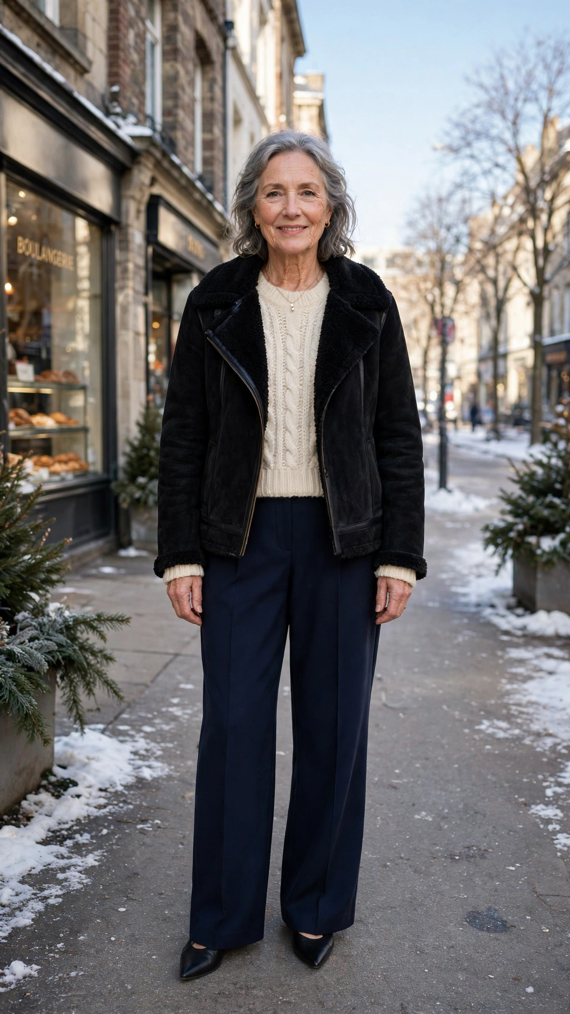 38 Women over 60 shearling jacket outfits with wide leg trousers for winter That Are Chic, Warm and Elegant - idea 25
