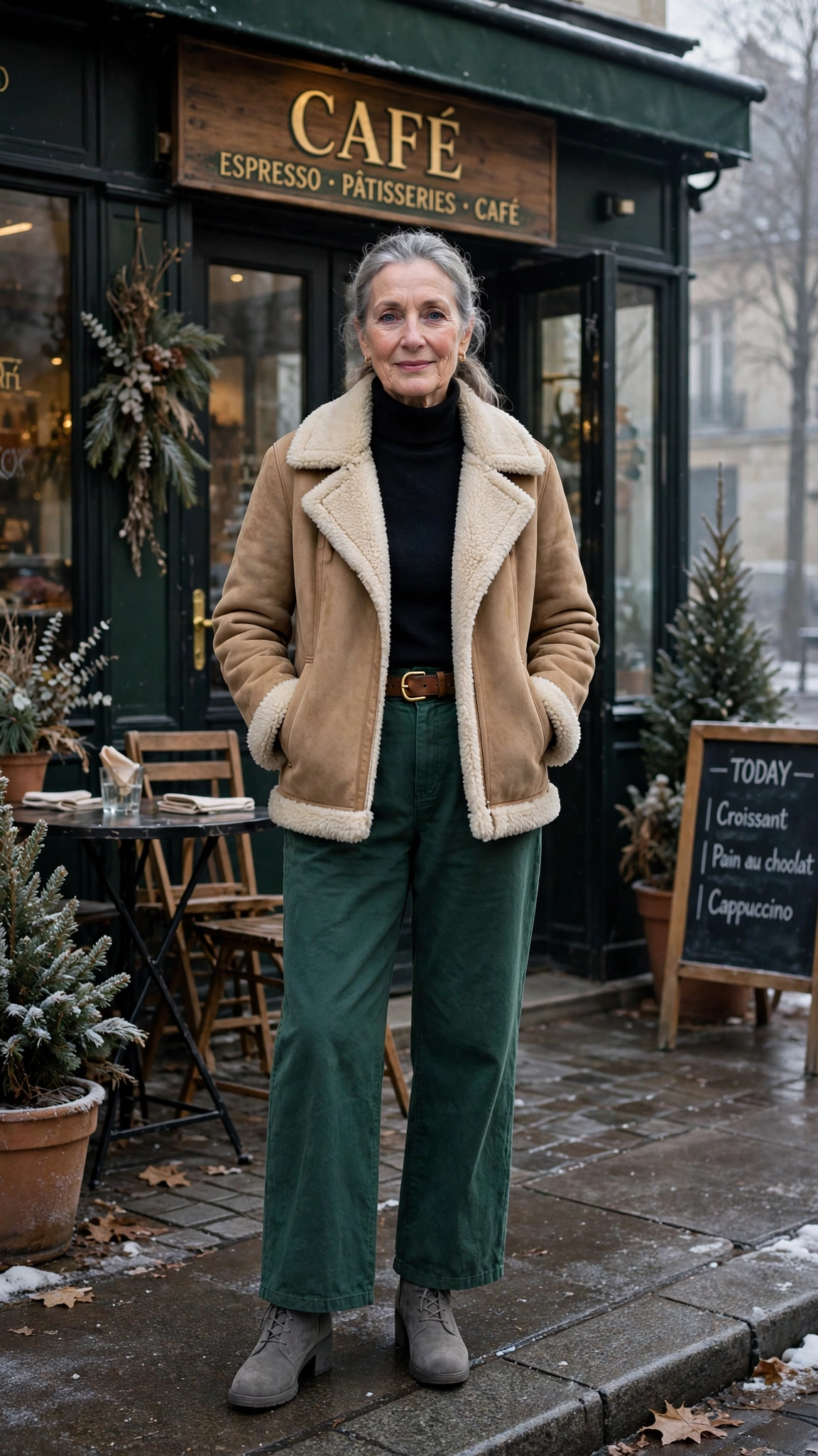 38 Women over 60 shearling jacket outfits with wide leg trousers for winter That Are Chic, Warm and Elegant - idea 26