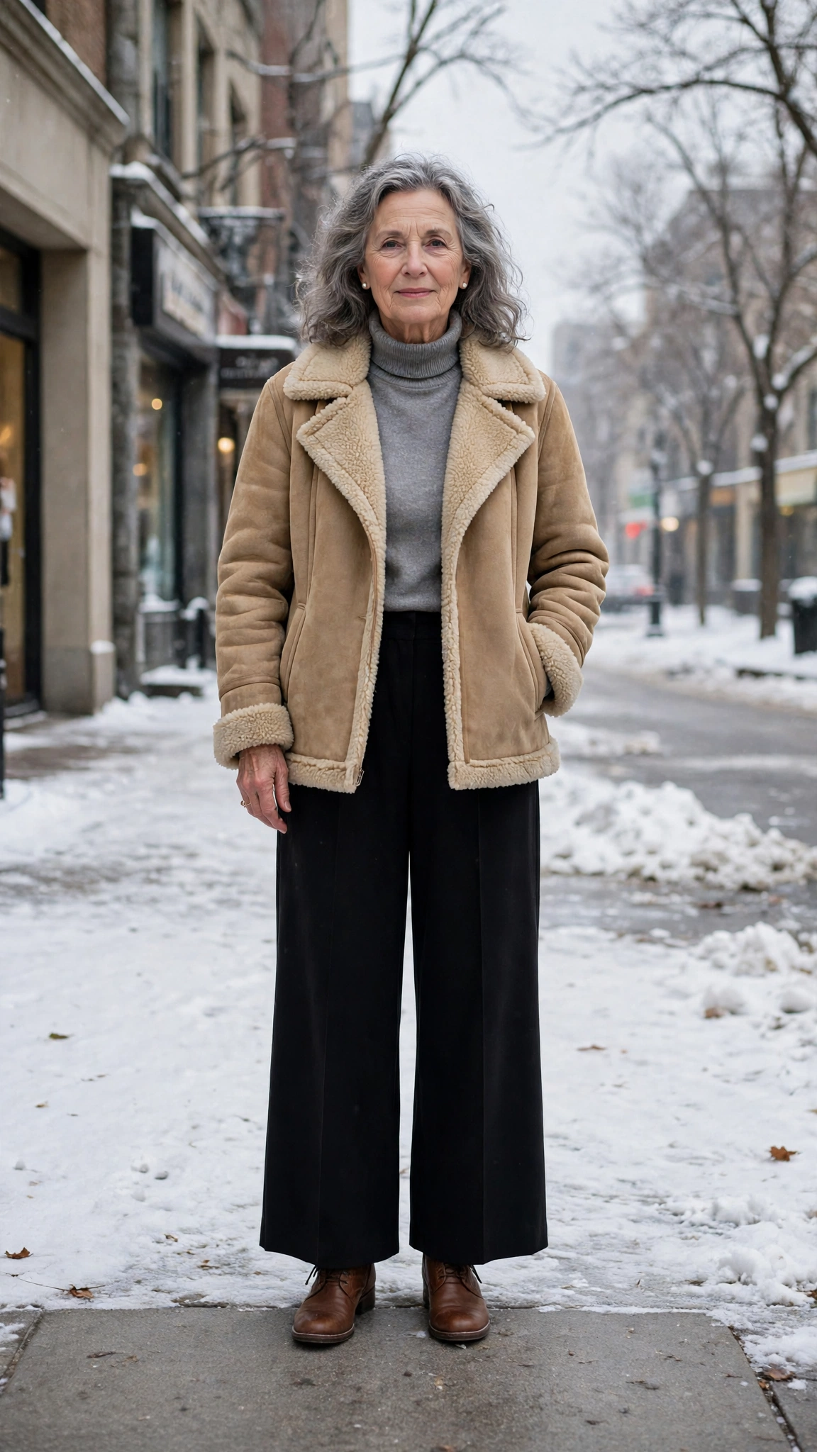 38 Women over 60 shearling jacket outfits with wide leg trousers for winter That Are Chic, Warm and Elegant - idea 28