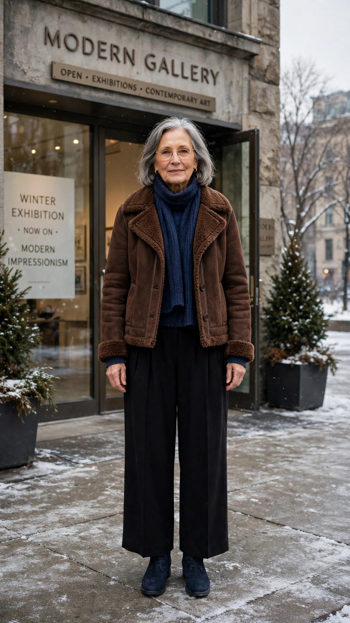 38 Women over 60 shearling jacket outfits with wide leg trousers for winter That Are Chic, Warm and Elegant - idea 30