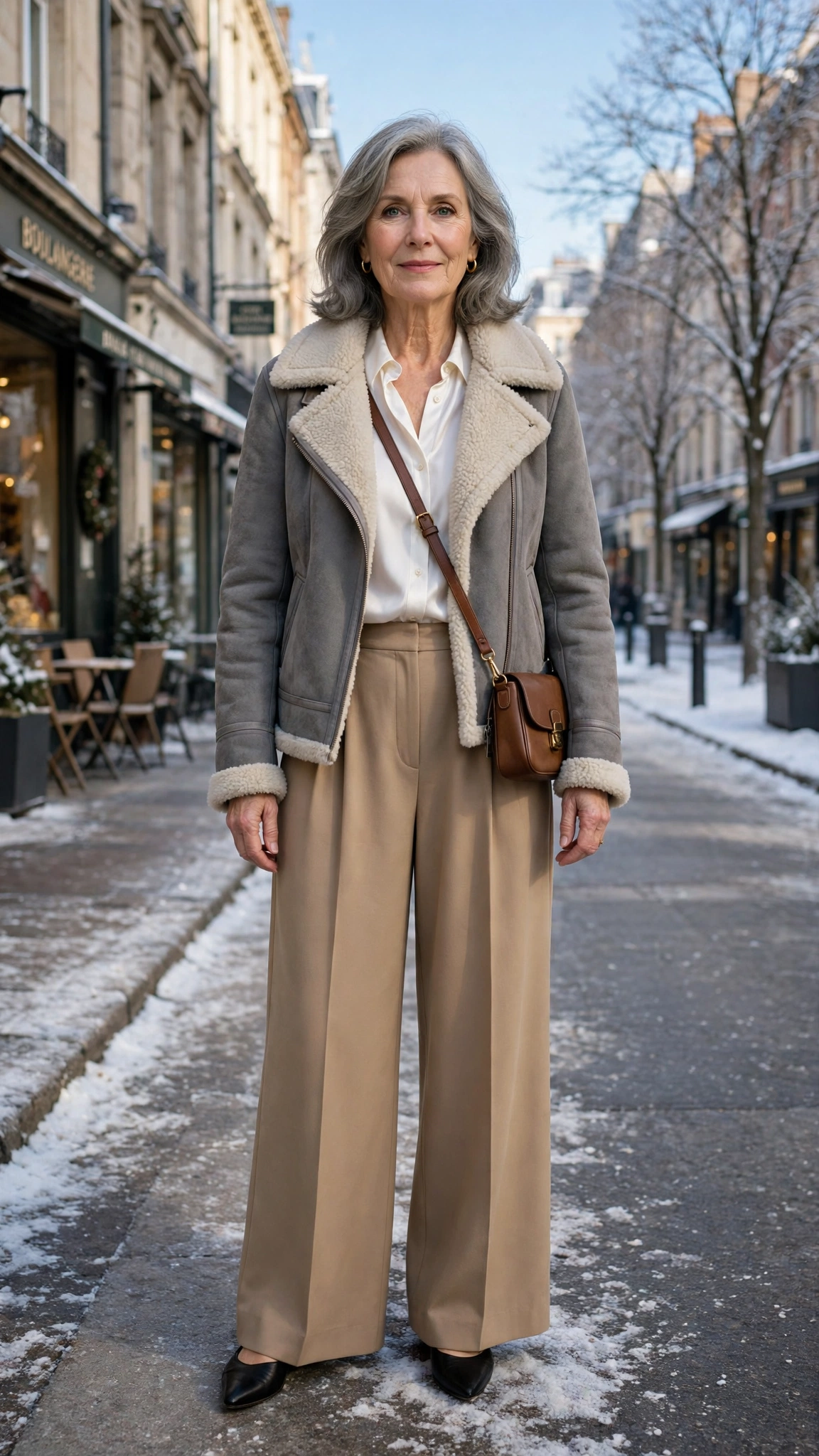 38 Women over 60 shearling jacket outfits with wide leg trousers for winter That Are Chic, Warm and Elegant - idea 31