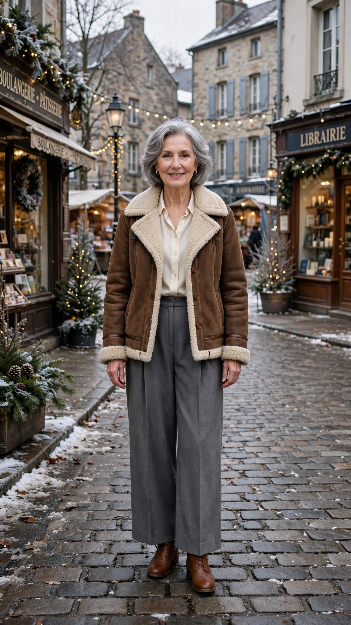 38 Women over 60 shearling jacket outfits with wide leg trousers for winter That Are Chic, Warm and Elegant - idea 35
