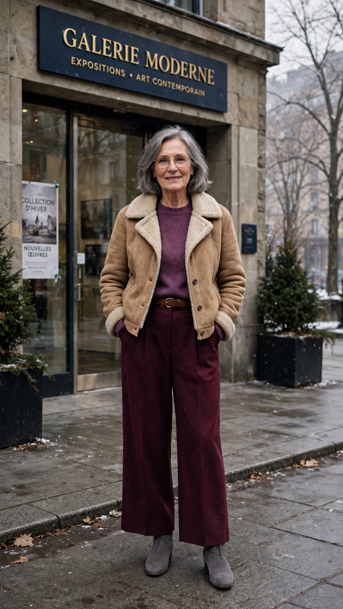 38 Women over 60 shearling jacket outfits with wide leg trousers for winter That Are Chic, Warm and Elegant - idea 36