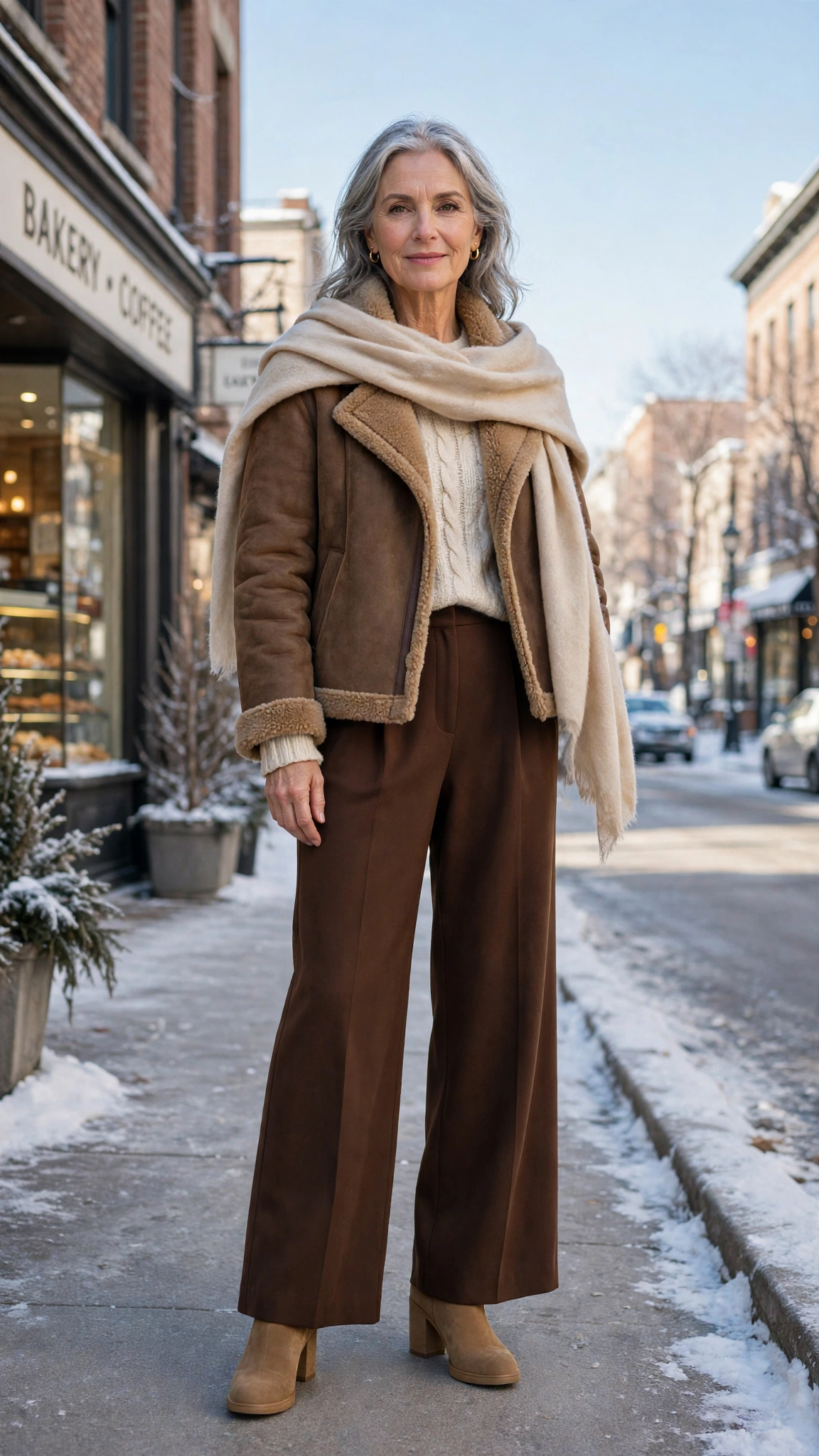 38 Women over 60 shearling jacket outfits with wide leg trousers for winter That Are Chic, Warm and Elegant - idea 37