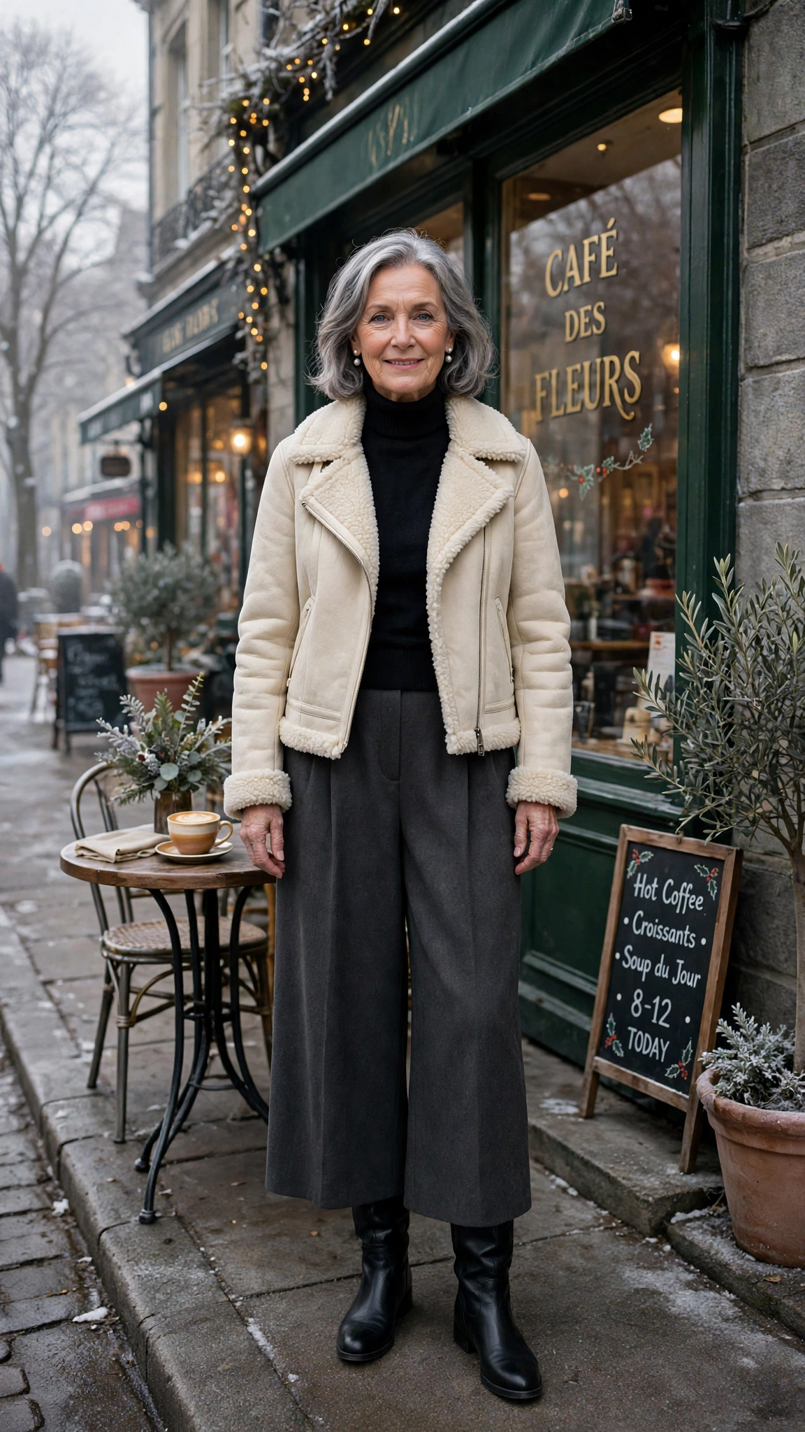 38 Women over 60 shearling jacket outfits with wide leg trousers for winter That Are Chic, Warm and Elegant - idea 38
