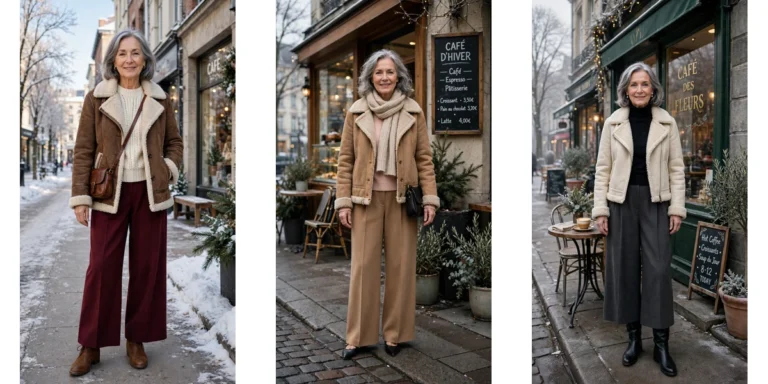 38 Women over 60 shearling jacket outfits with wide leg trousers for winter That Are Chic, Warm and Elegant featured