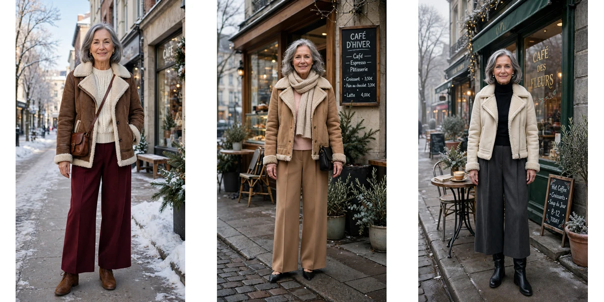 38 Women over 60 shearling jacket outfits with wide leg trousers for winter That Are Chic, Warm and Elegant featured
