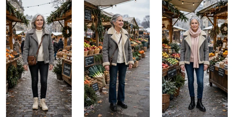 20 Women over 60 shearling lined jacket outfits for outdoor markets That Are Chic, Warm and Elegant featured