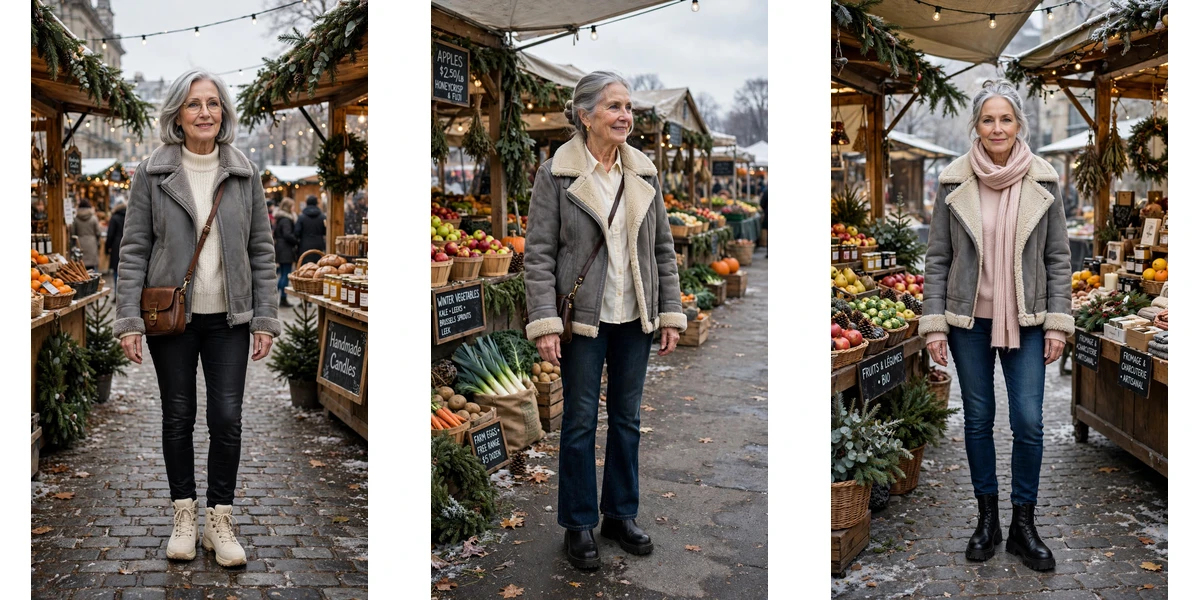 20 Women over 60 shearling lined jacket outfits for outdoor markets That Are Chic, Warm and Elegant featured