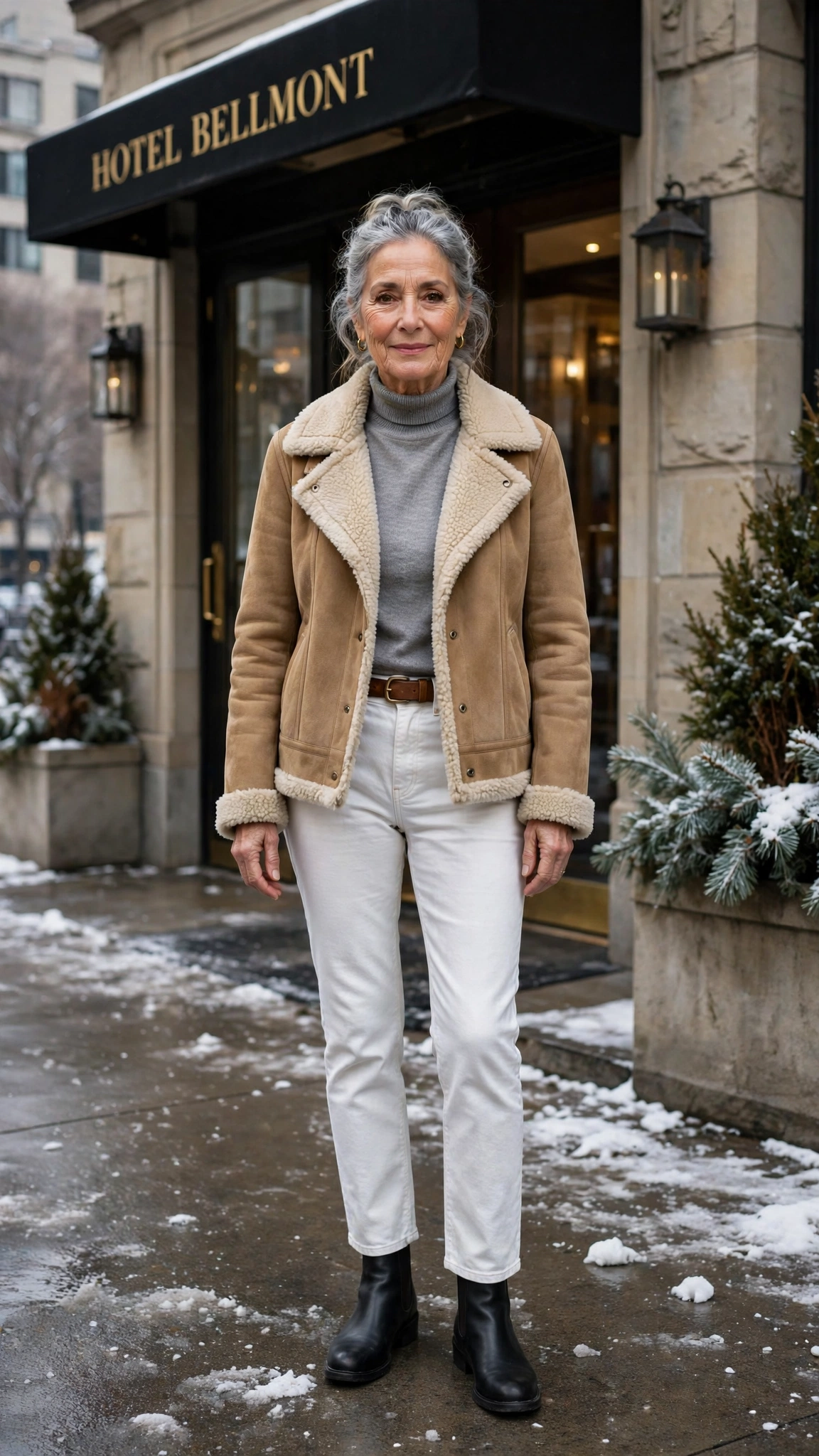 50 Women over 60 suede shearling jacket outfits for winter travel That Are Chic, Warm and Elegant - idea 16