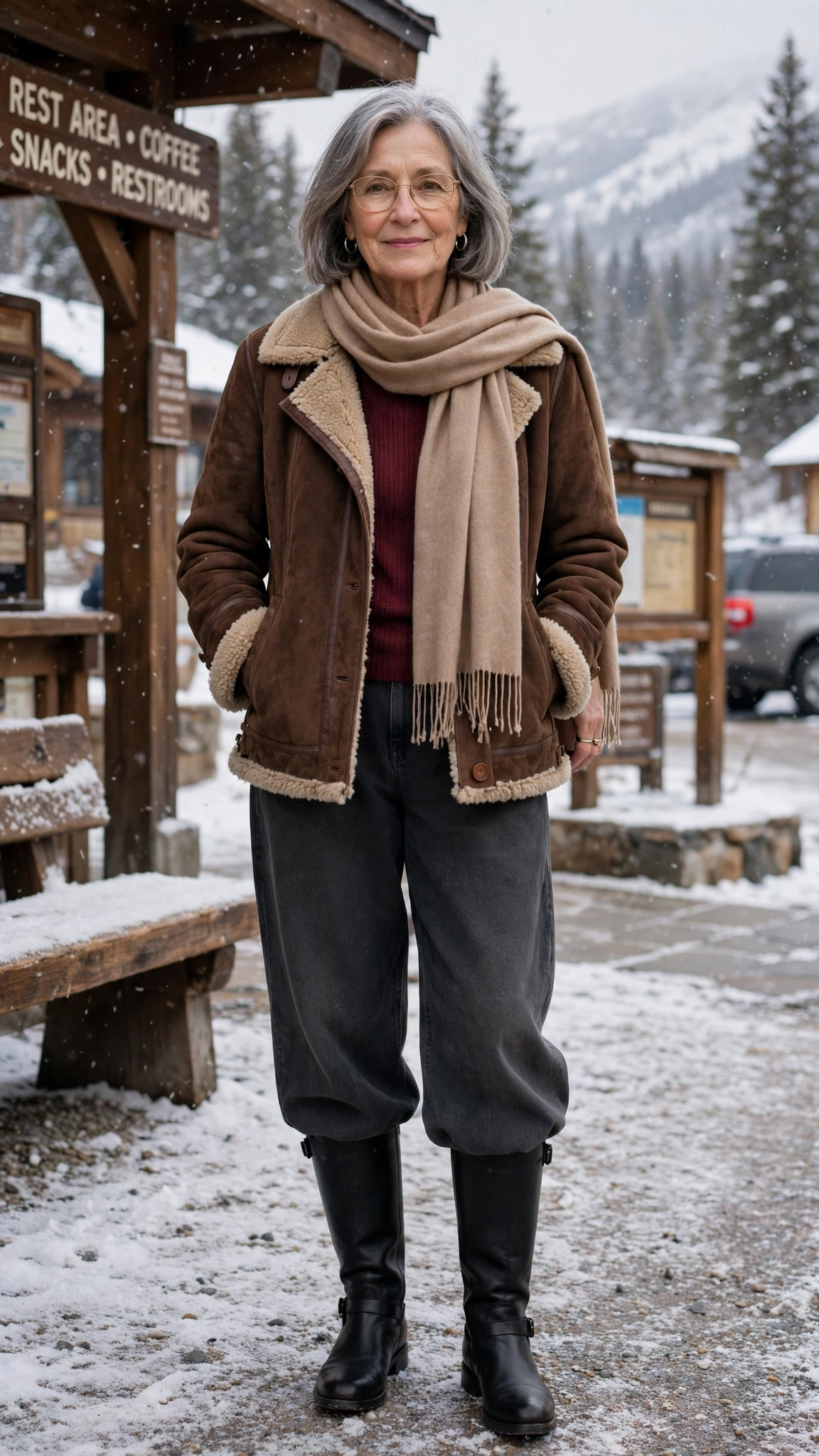 50 Women over 60 suede shearling jacket outfits for winter travel That Are Chic, Warm and Elegant - idea 17