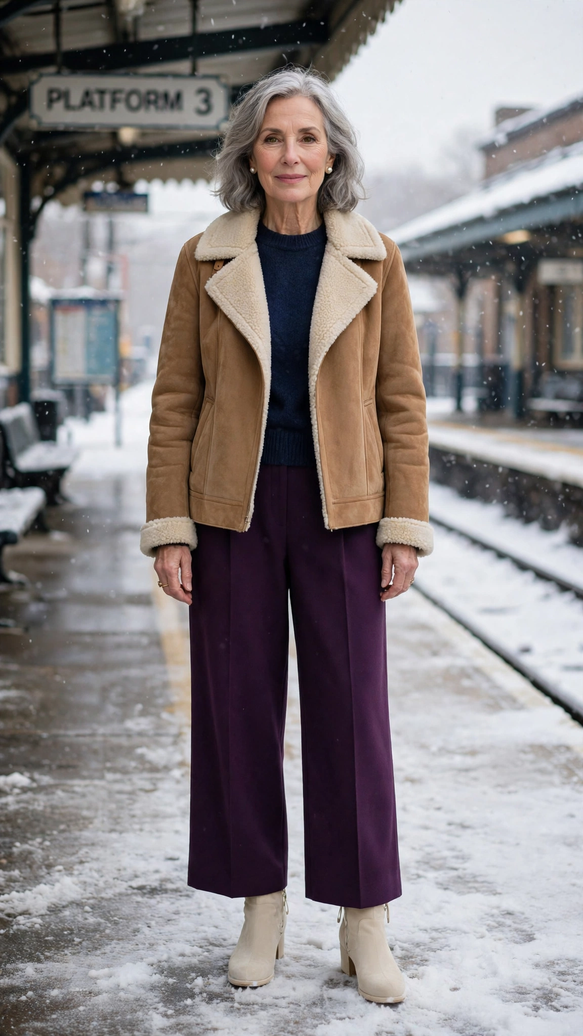 50 Women over 60 suede shearling jacket outfits for winter travel That Are Chic, Warm and Elegant - idea 18