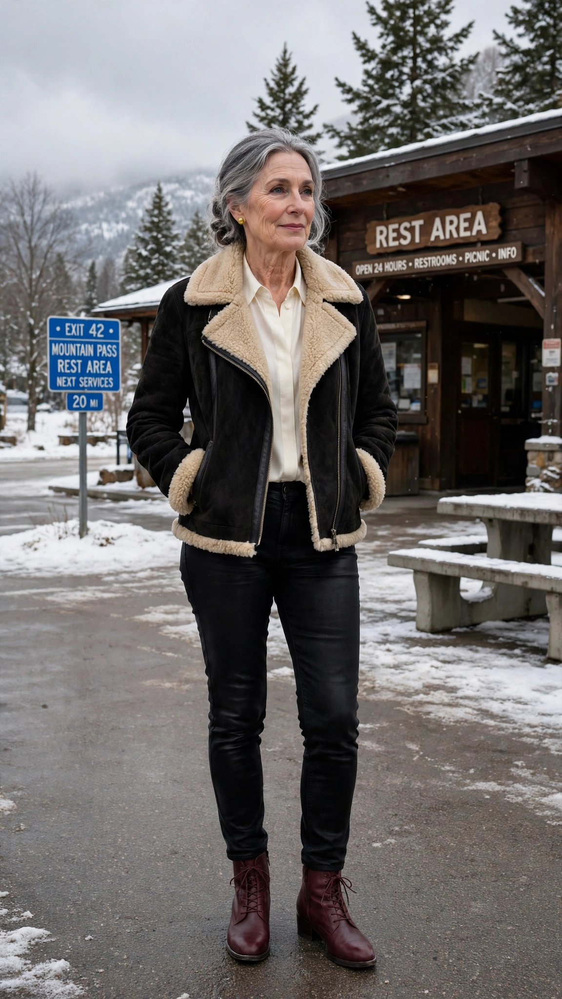 50 Women over 60 suede shearling jacket outfits for winter travel That Are Chic, Warm and Elegant - idea 23