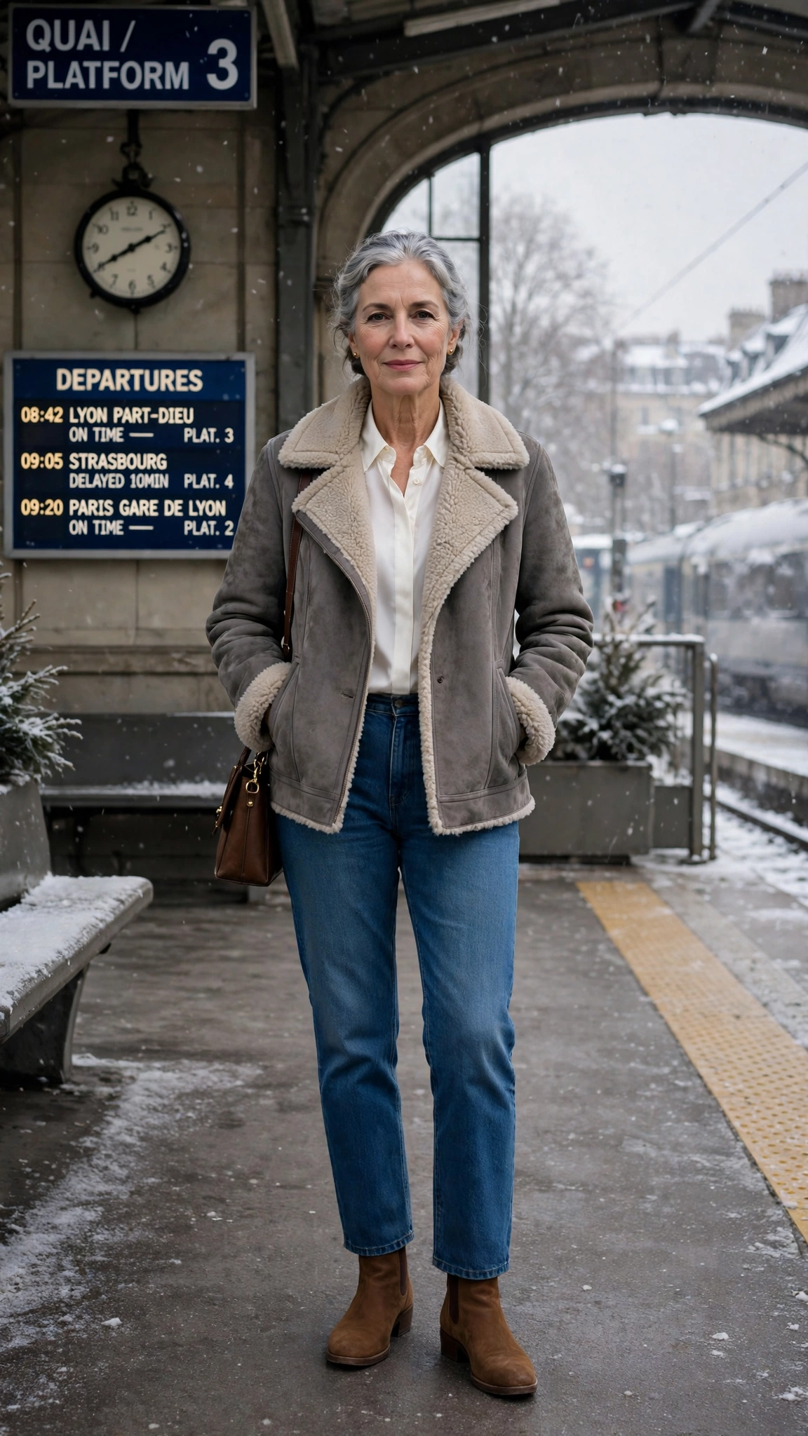 50 Women over 60 suede shearling jacket outfits for winter travel That Are Chic, Warm and Elegant - idea 43