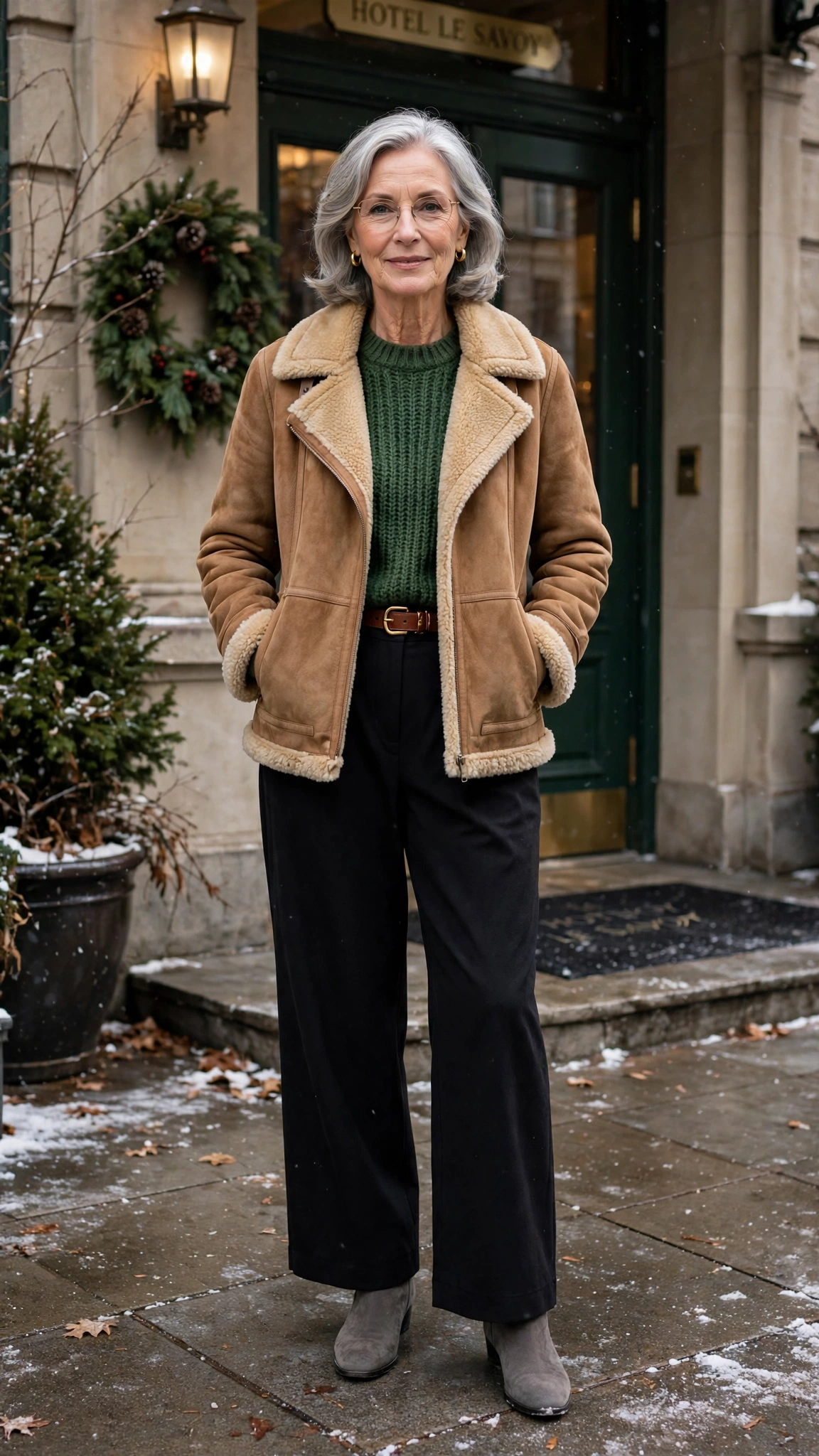 50 Women over 60 suede shearling jacket outfits for winter travel That Are Chic, Warm and Elegant - idea 46
