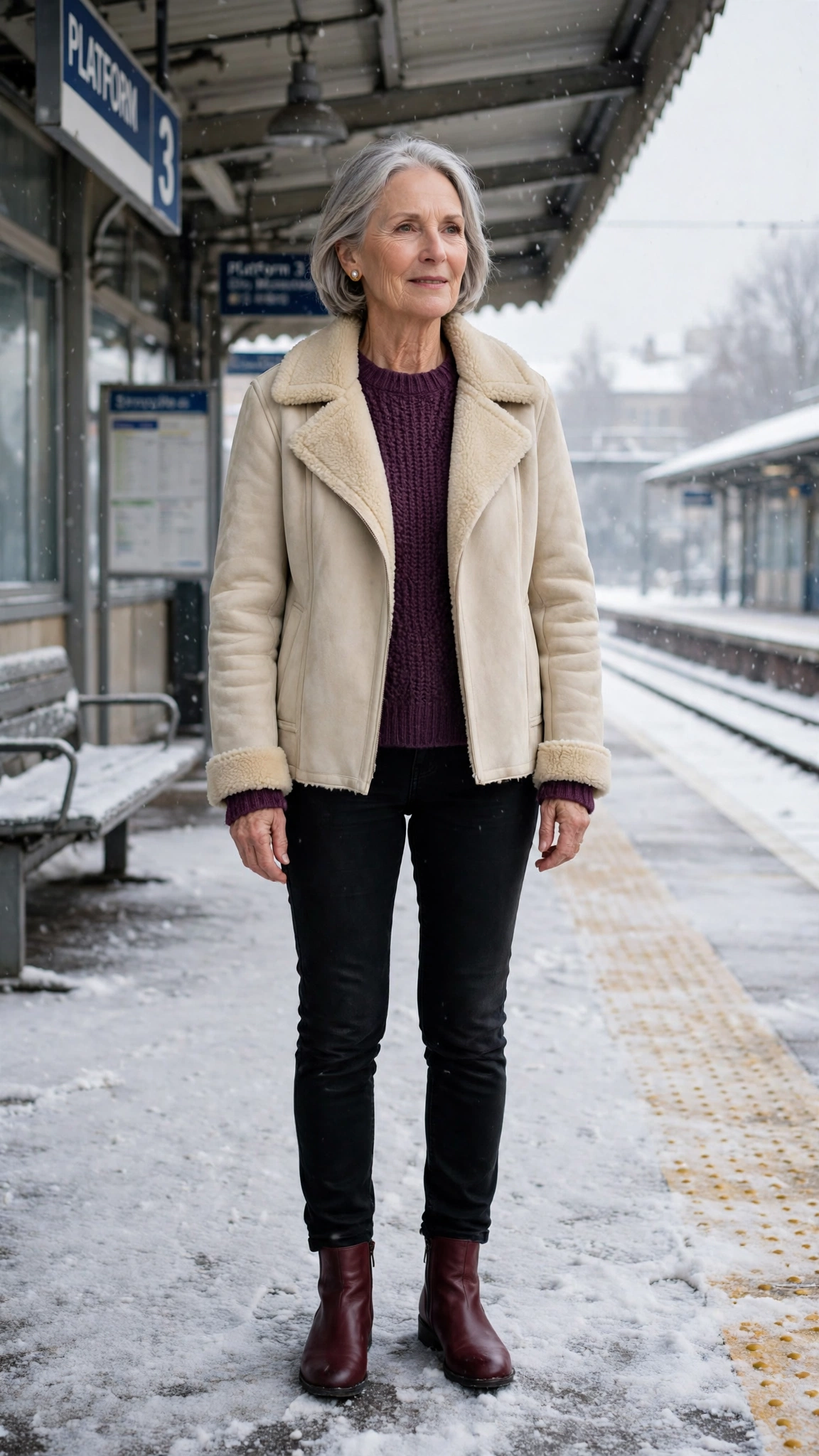 50 Women over 60 suede shearling jacket outfits for winter travel That Are Chic, Warm and Elegant - idea 48
