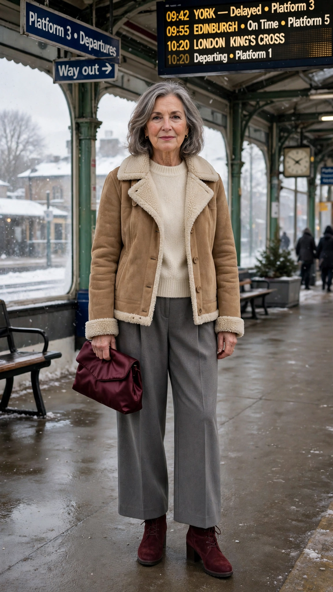 50 Women over 60 suede shearling jacket outfits for winter travel That Are Chic, Warm and Elegant - idea 49