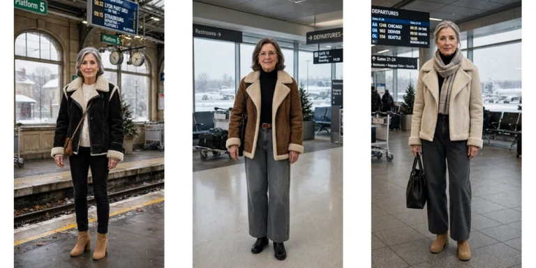 50 Women over 60 suede shearling jacket outfits for winter travel That Are Chic, Warm and Elegant featured