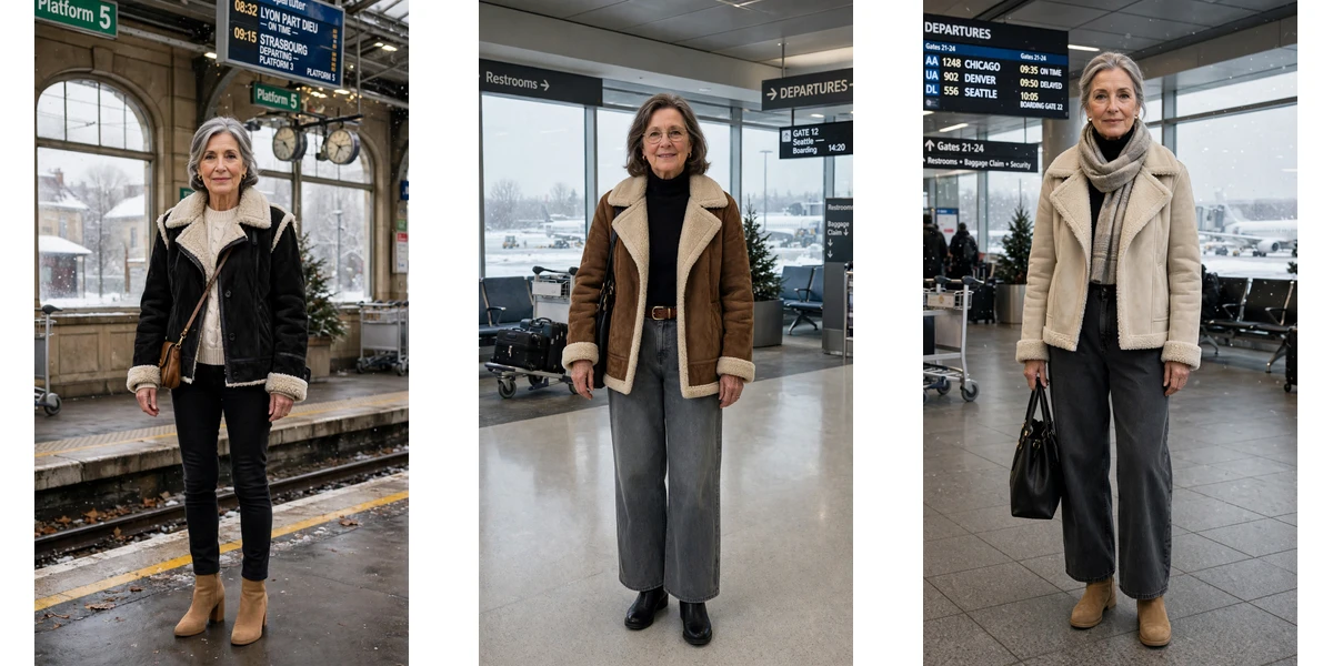 50 Women over 60 suede shearling jacket outfits for winter travel That Are Chic, Warm and Elegant featured