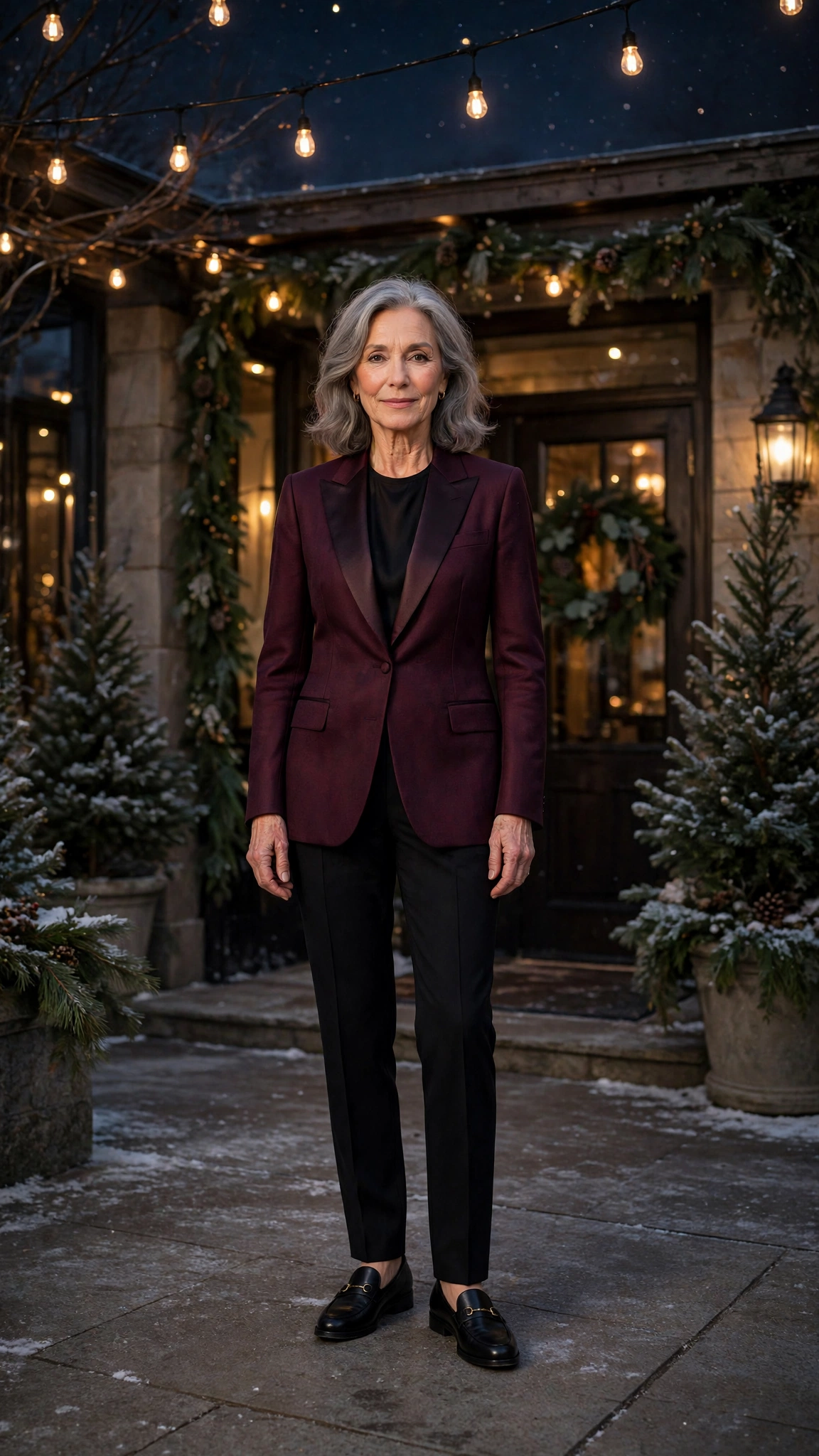 Wine tuxedo blazer, black cigarette trousers and classic loafers