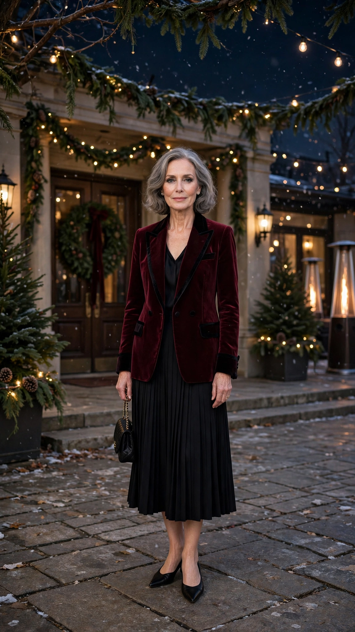 Burgundy velvet-trimmed tuxedo blazer, black midi skirt and elegant pointed flats