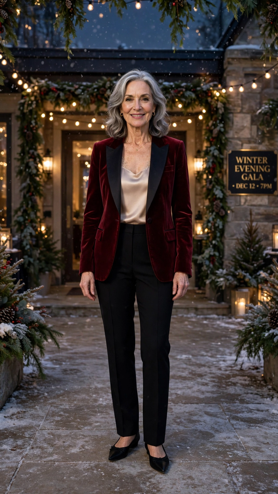 Wine tuxedo blazer, satin camisole with black trousers and elegant pointed flats