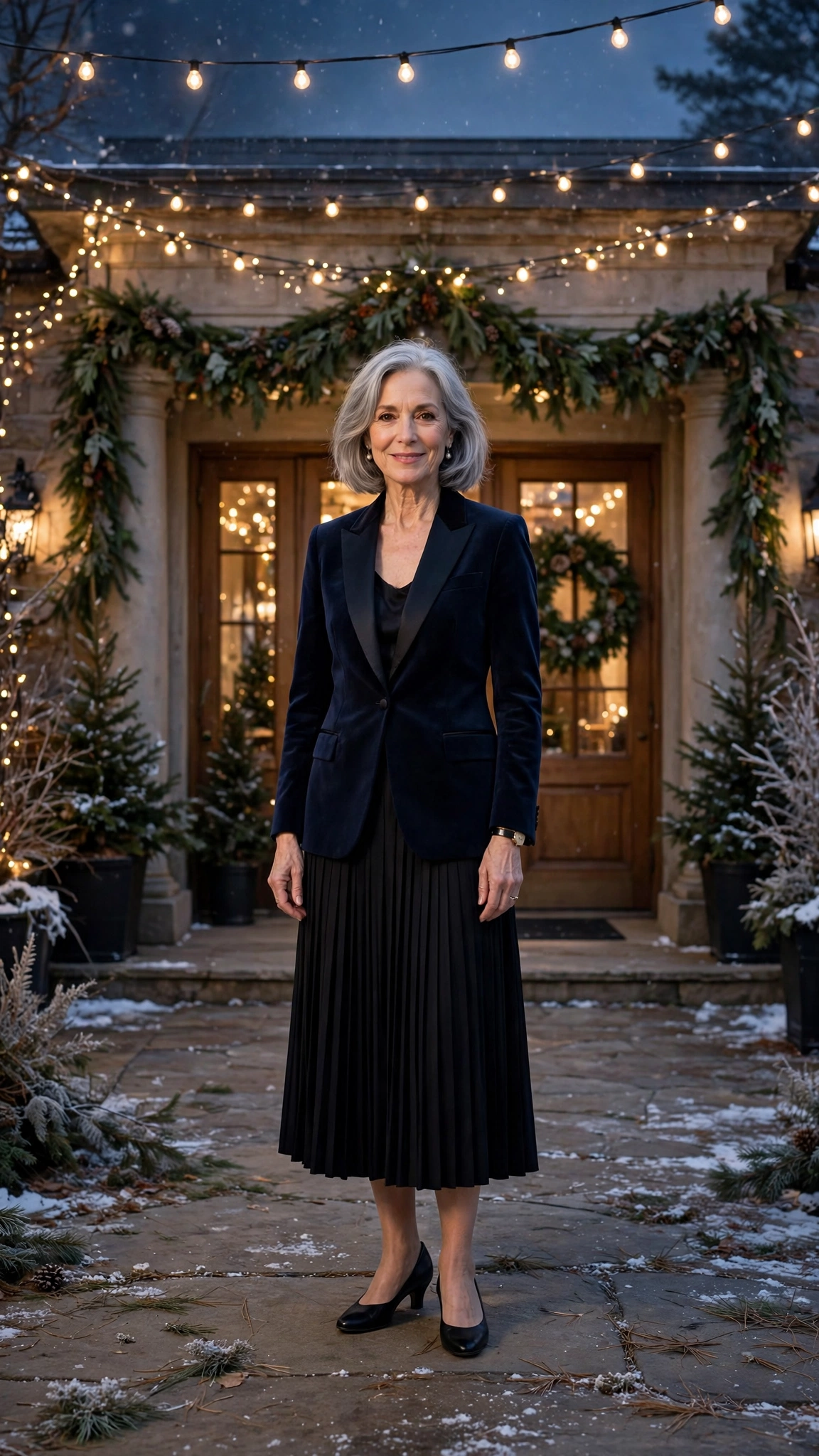 Midnight navy tuxedo blazer, black midi skirt and low-heeled pumps
