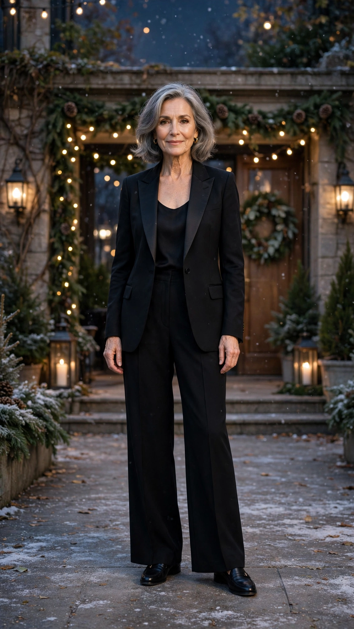 Black tuxedo blazer, black wide-leg trousers and classic loafers