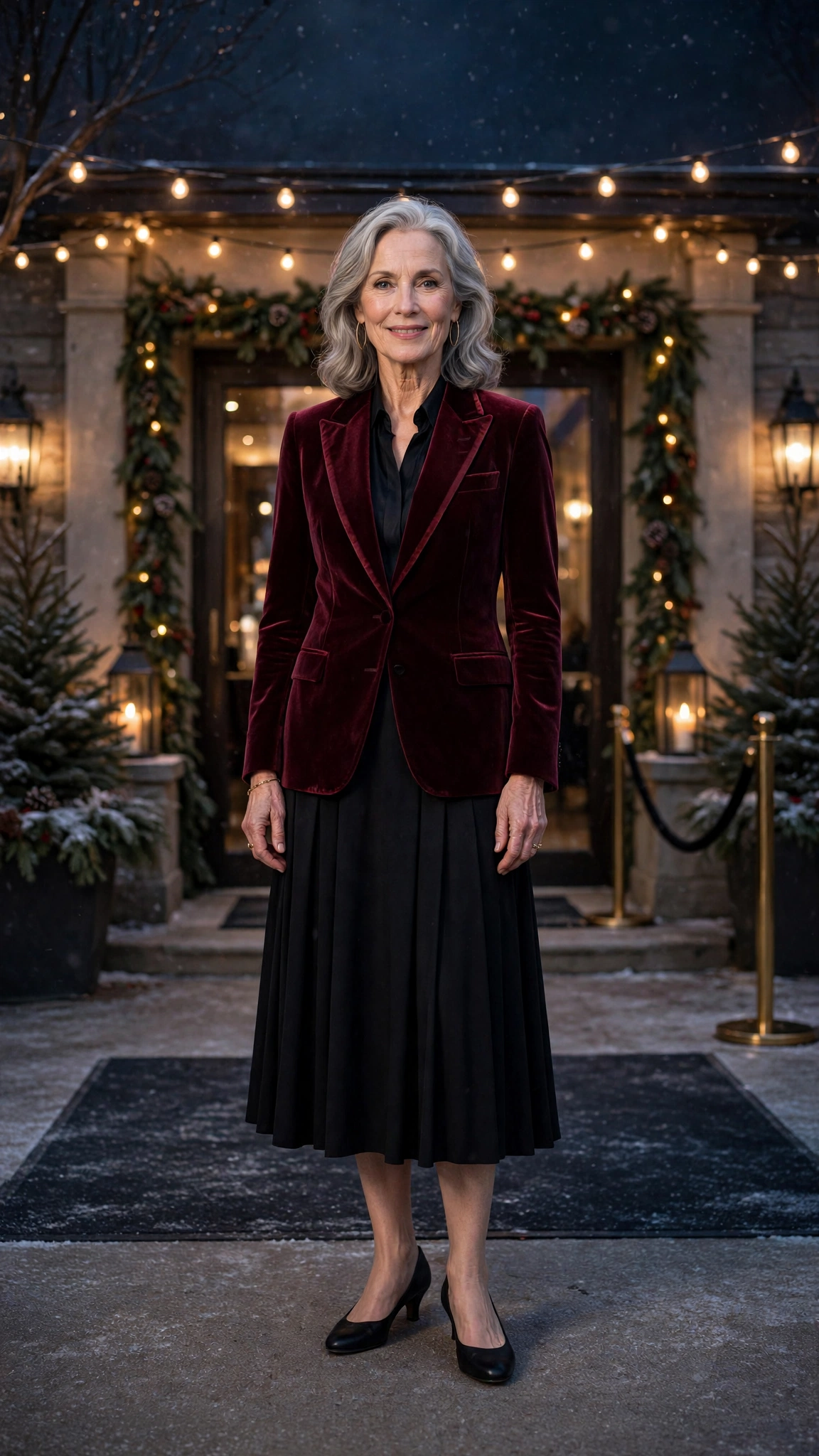 Burgundy velvet-trimmed tuxedo blazer, black midi skirt and low-heeled pumps
