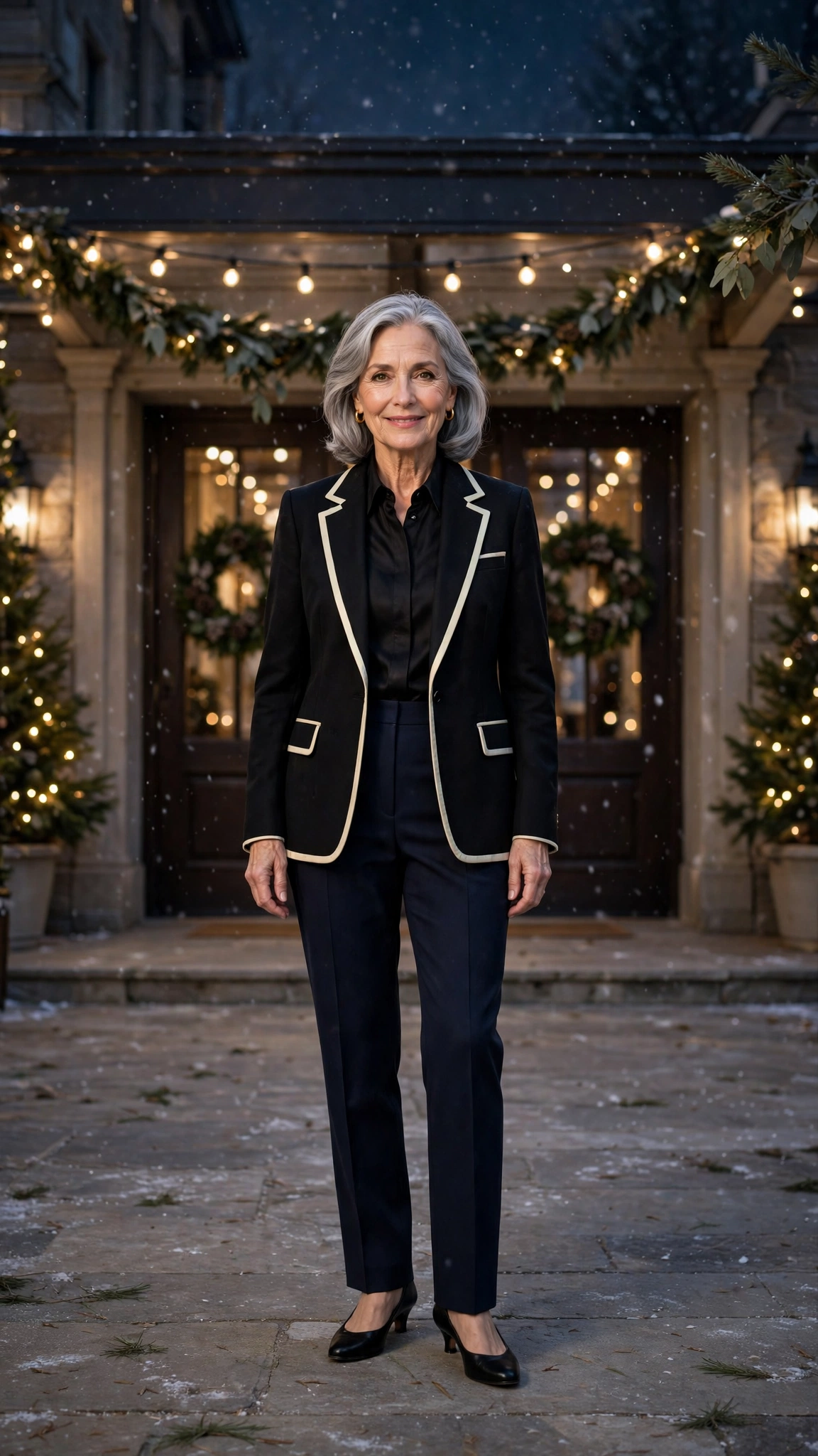 Ivory-trimmed black tuxedo blazer, navy tailored trousers and low-heeled pumps