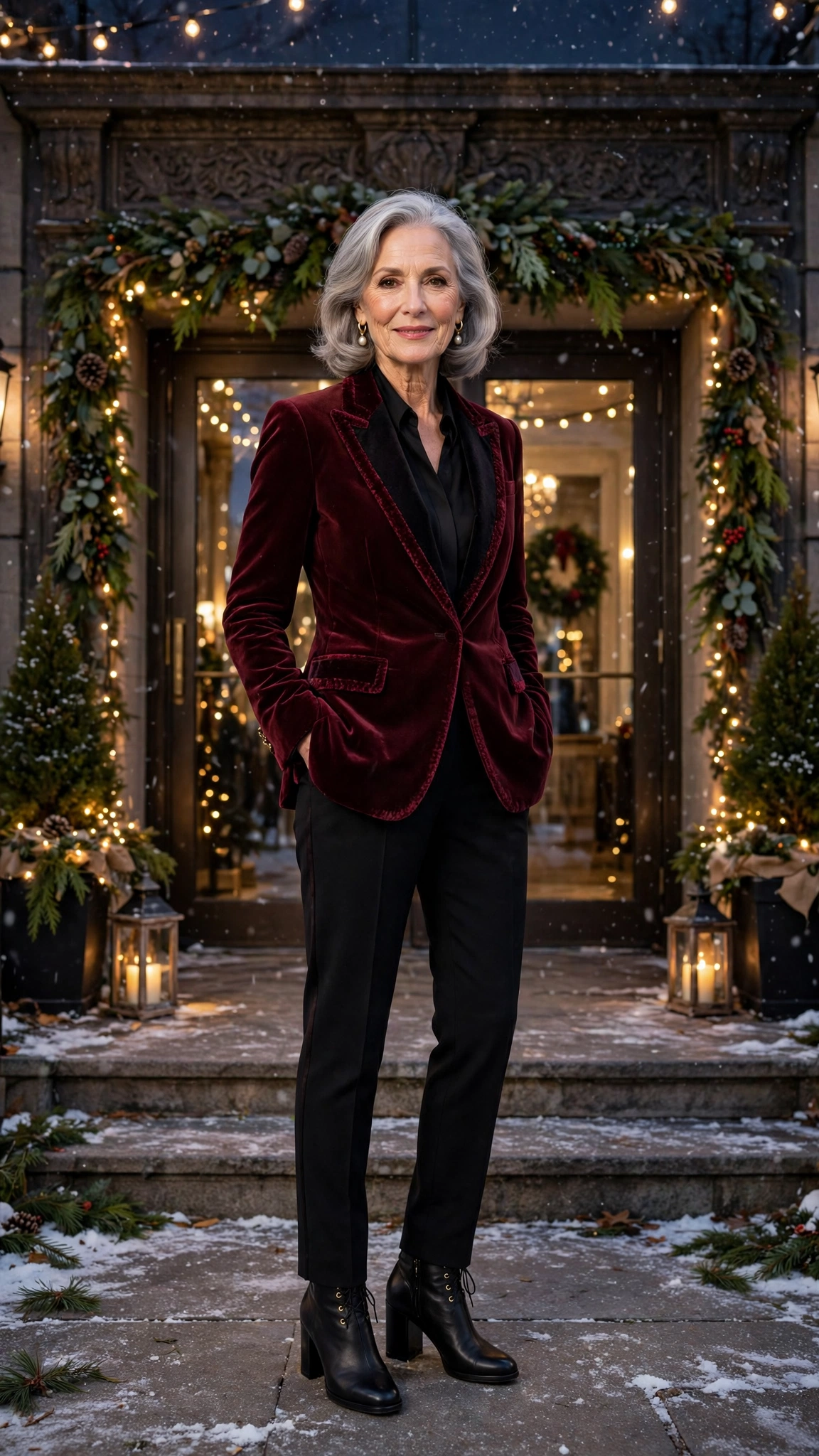 Burgundy velvet-trimmed tuxedo blazer, black cigarette trousers and block-heel ankle boots