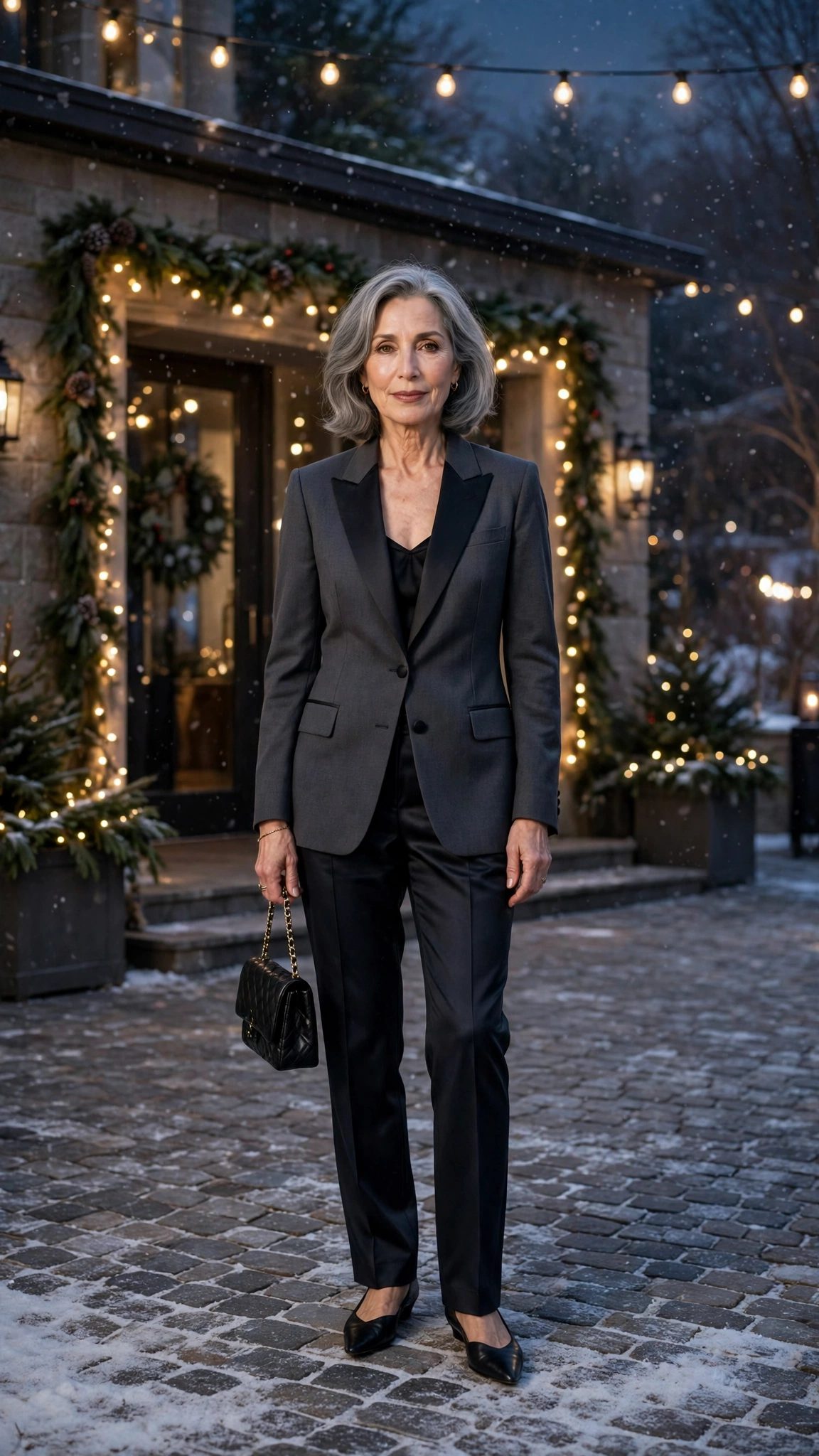 Charcoal tuxedo blazer, dark satin trousers and elegant pointed flats