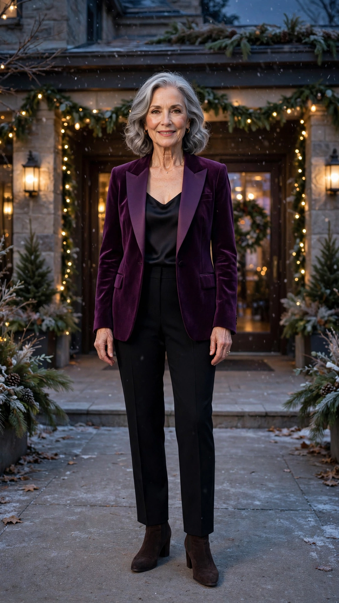 Plum tuxedo blazer, satin camisole with black trousers and suede ankle boots