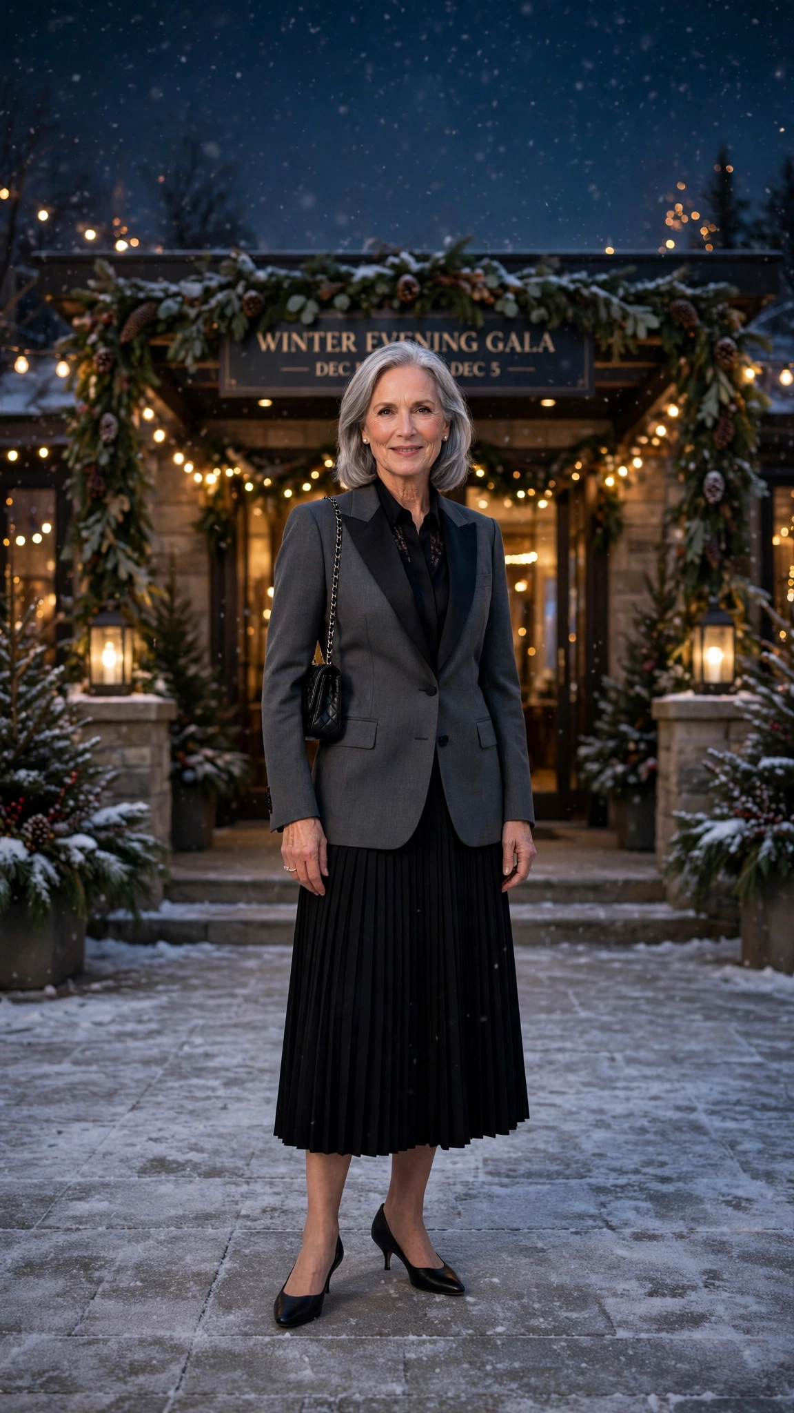 Charcoal tuxedo blazer, black midi skirt and kitten heels