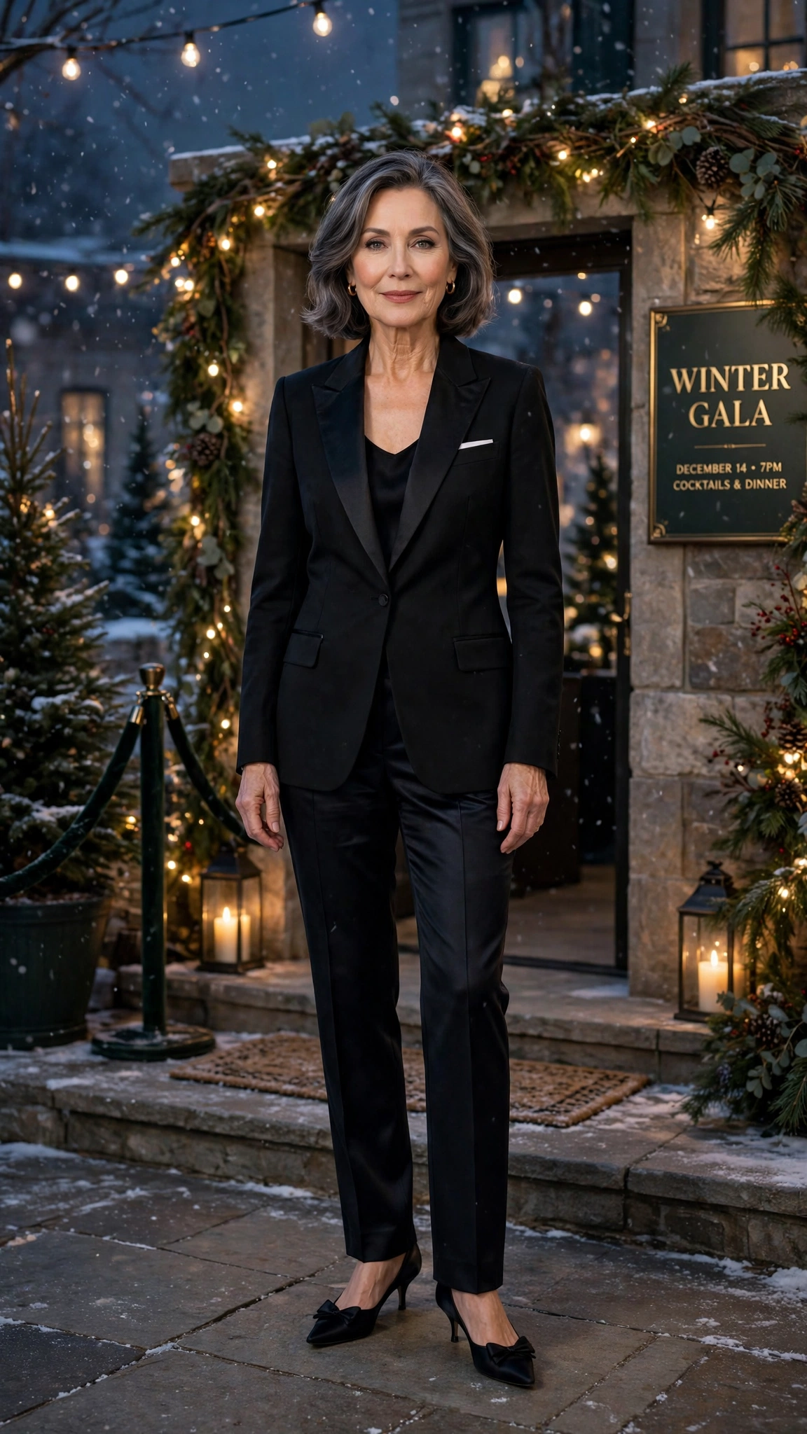 Black tuxedo blazer, dark satin trousers and kitten heels